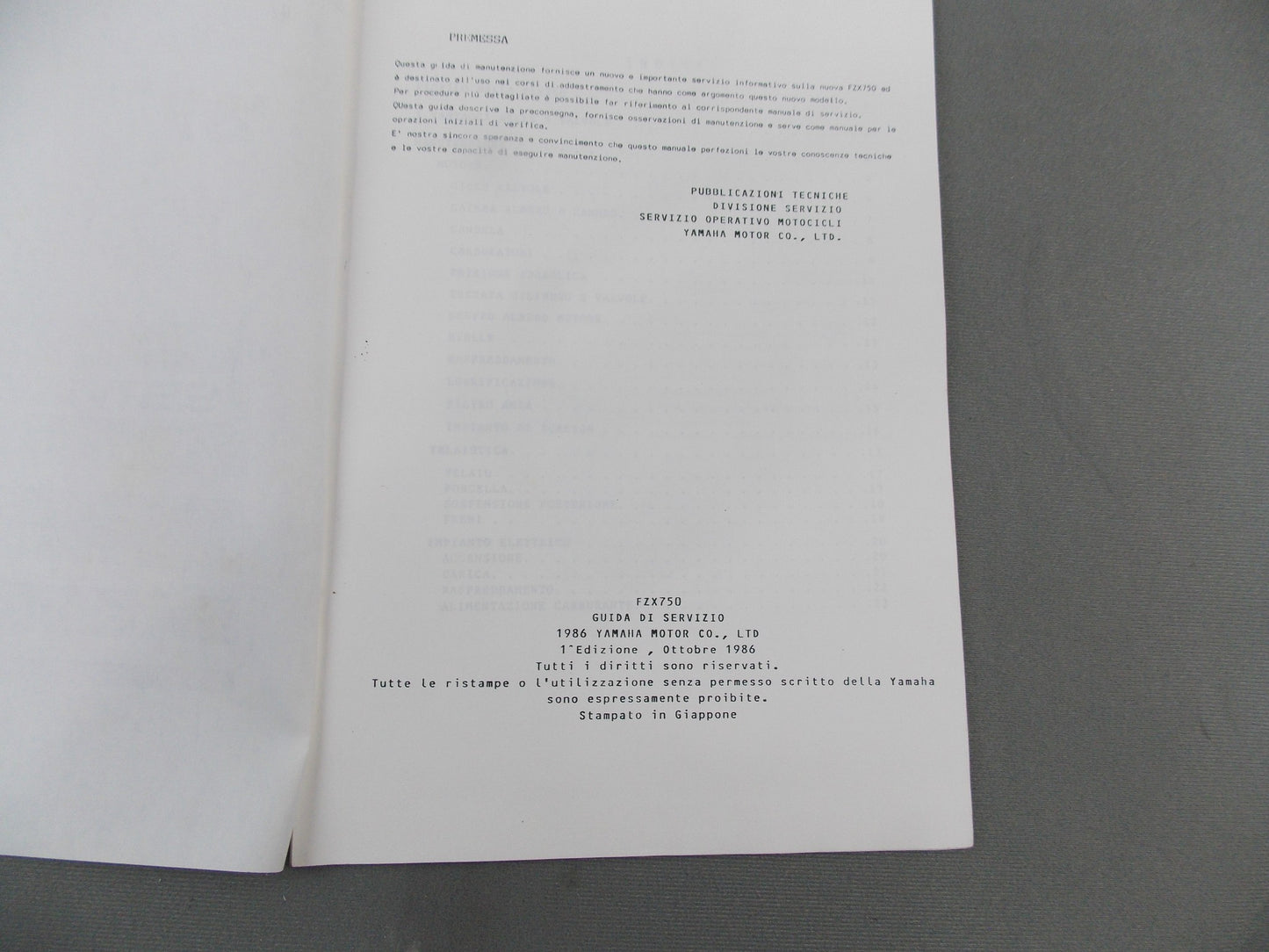 YAMAHA 1987 FZX750 SERVICE GUIDE MANUAL BOOK IN ITALIAN # 90894-86300 - MotoRaider