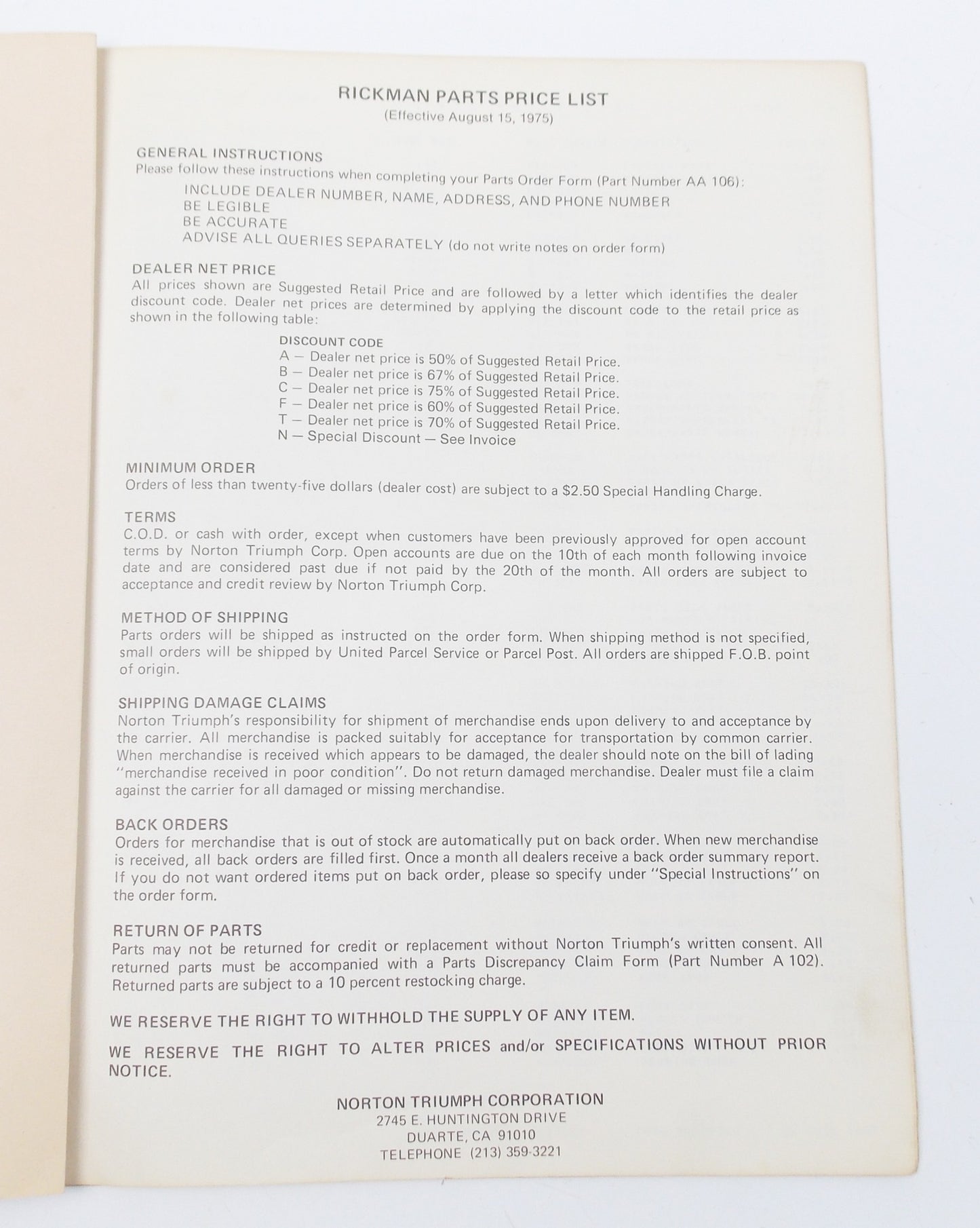1975 RICKMAN NORTON-TRIUMPH-CO. SUGGESTED RETAIL PRICE PARTS LIST AA110/75 - MotoRaider
