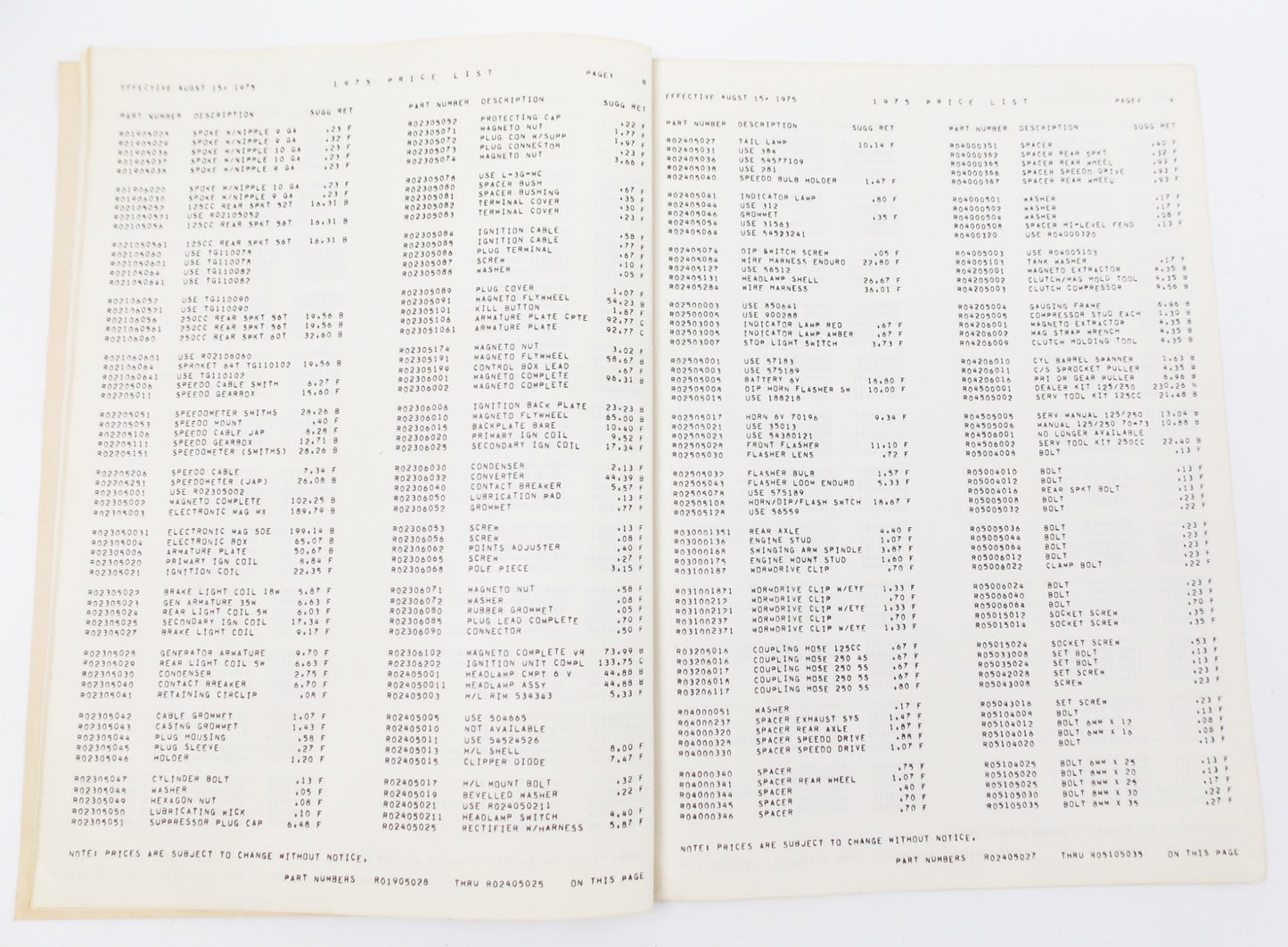 1975 RICKMAN NORTON-TRIUMPH-CO. SUGGESTED RETAIL PRICE PARTS LIST AA110/75 - MotoRaider
