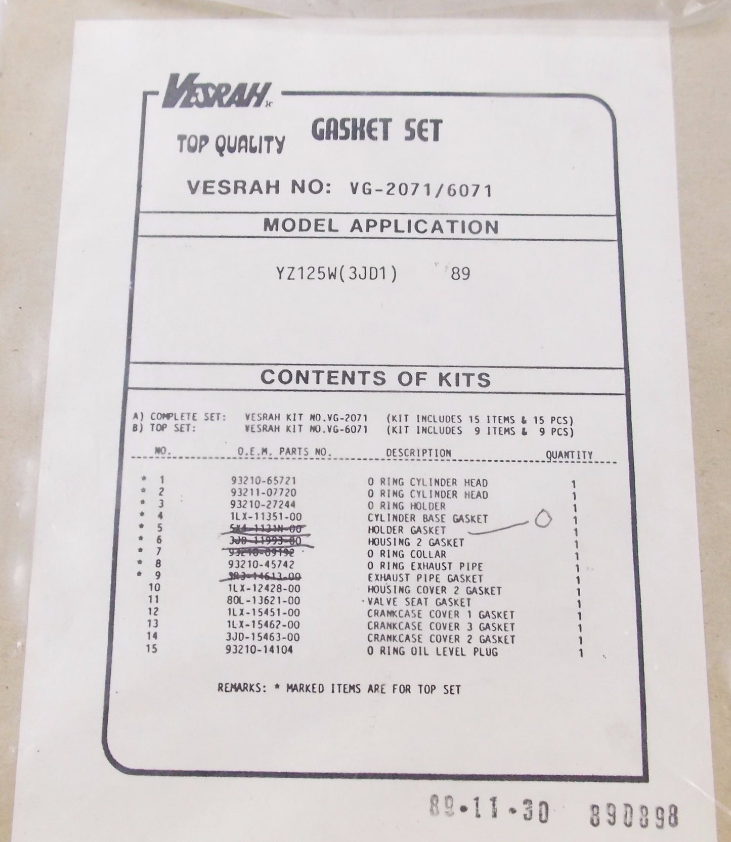 NOS VESRAH TOP END GASKET SEAL KIT YAMAHA 1989 YZ125W (3JD1) VG-2071/6071 - MotoRaider