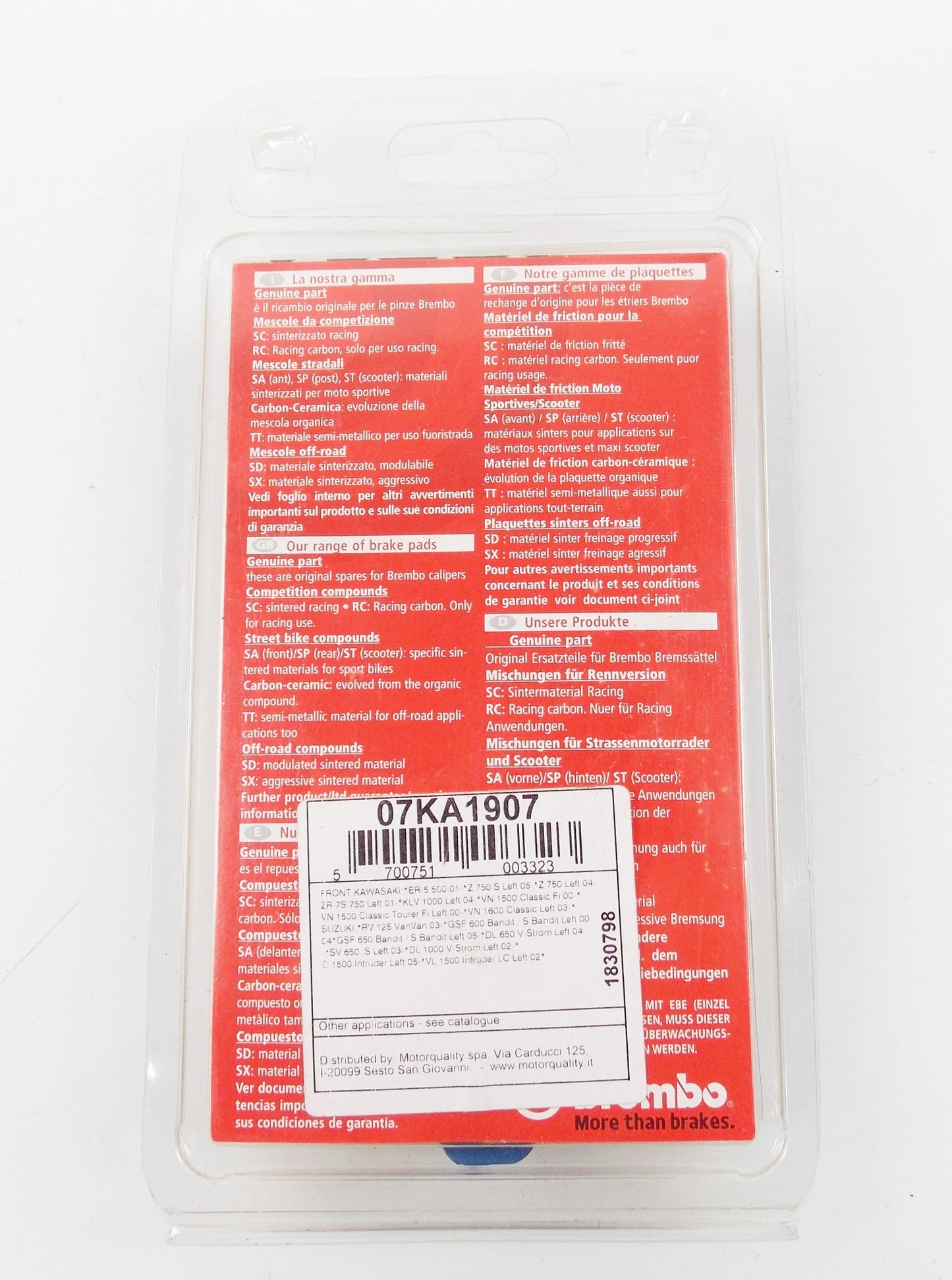 NOS BREMBO CARBON CERAMIC PAIR BRAKE PADS KAWASAKI SV BANDIT 07KA1907 - MotoRaider