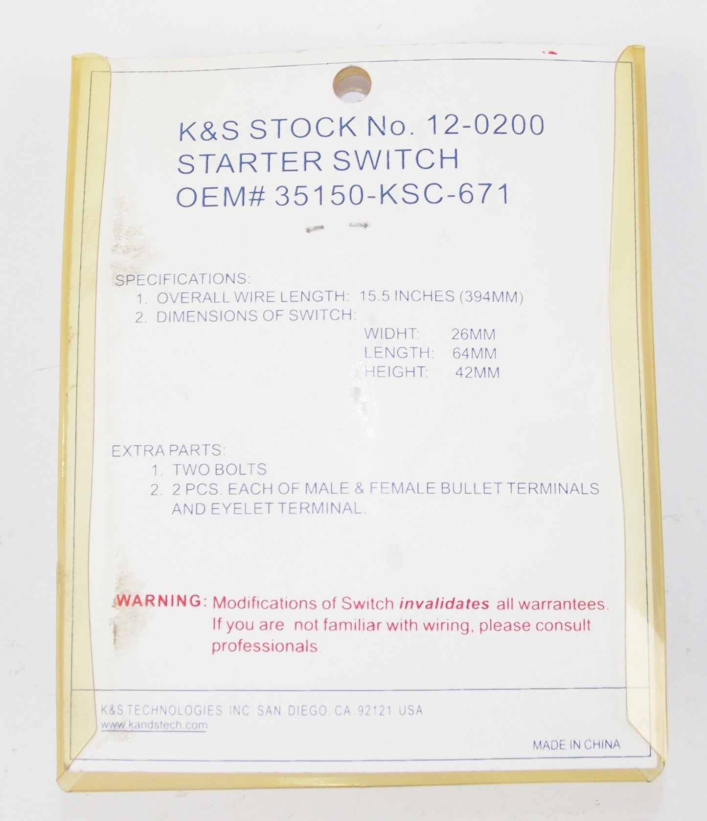 NOS K&S HONDA CRF250X / CRF450X SWITCH STARTER 12-0200 | 12-7737 | 35150-KSC-671 - MotoRaider