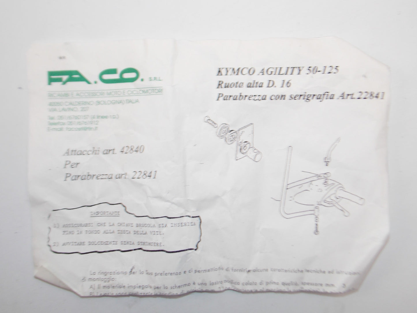 2008-2012 KYMCO AGILITY 50-125 WINDSCREEN MOUNT ATTACHMENT KIT FACO ART. 22841 - MotoRaider