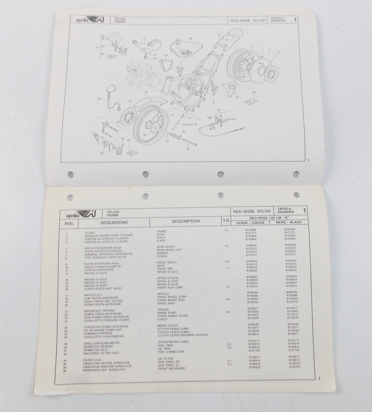 1989 APRILIA RED ROSE 125 SPARE PARTS CATALOG SUPPLEMENT MANUAL BOOK 601/1 - MotoRaider