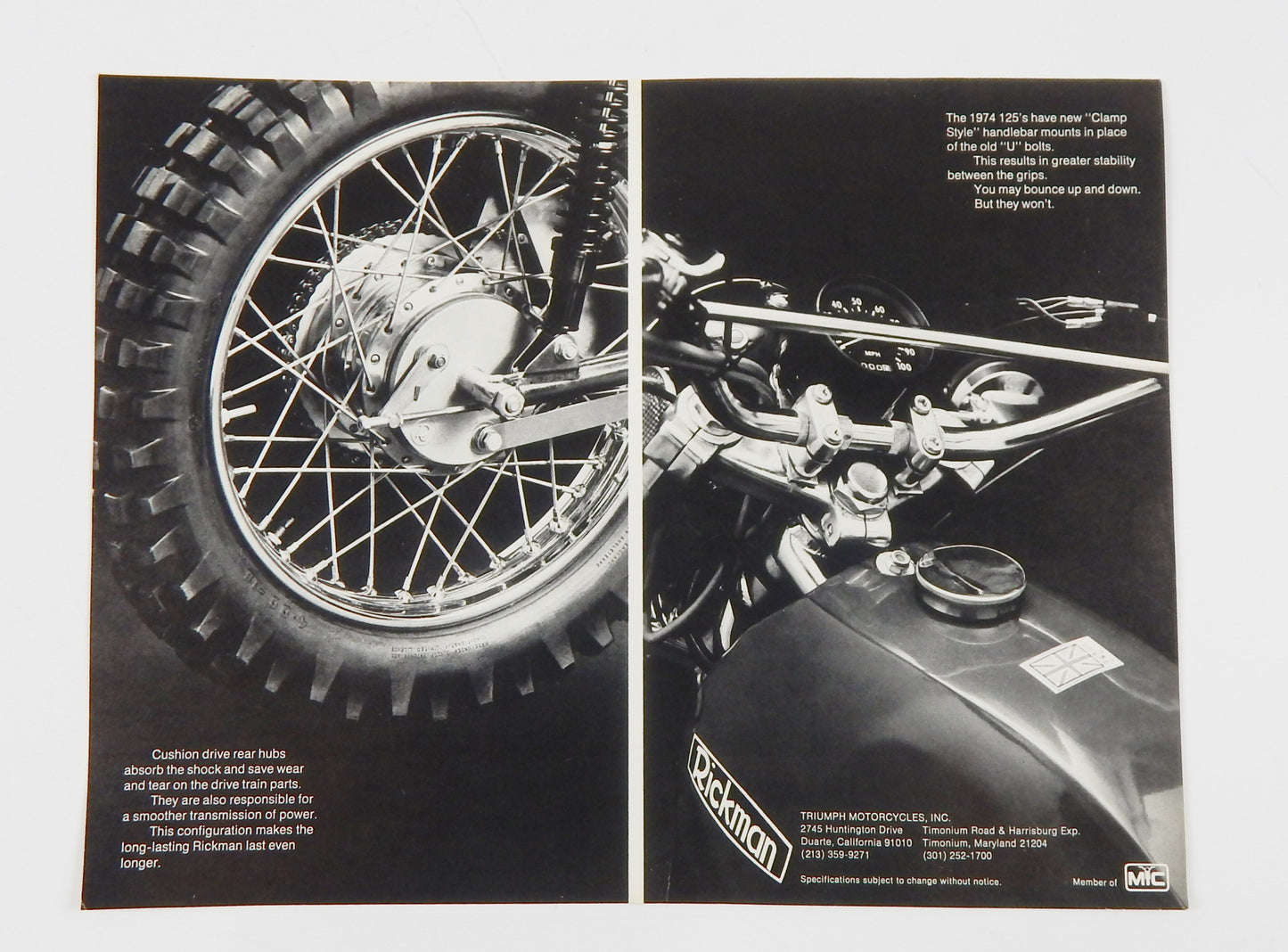 1974 RICKMAN 125 SIX DAYS ENDURO (RS125D) MOTOCROSS (R125MX) DEALER SPEC SHEET - MotoRaider