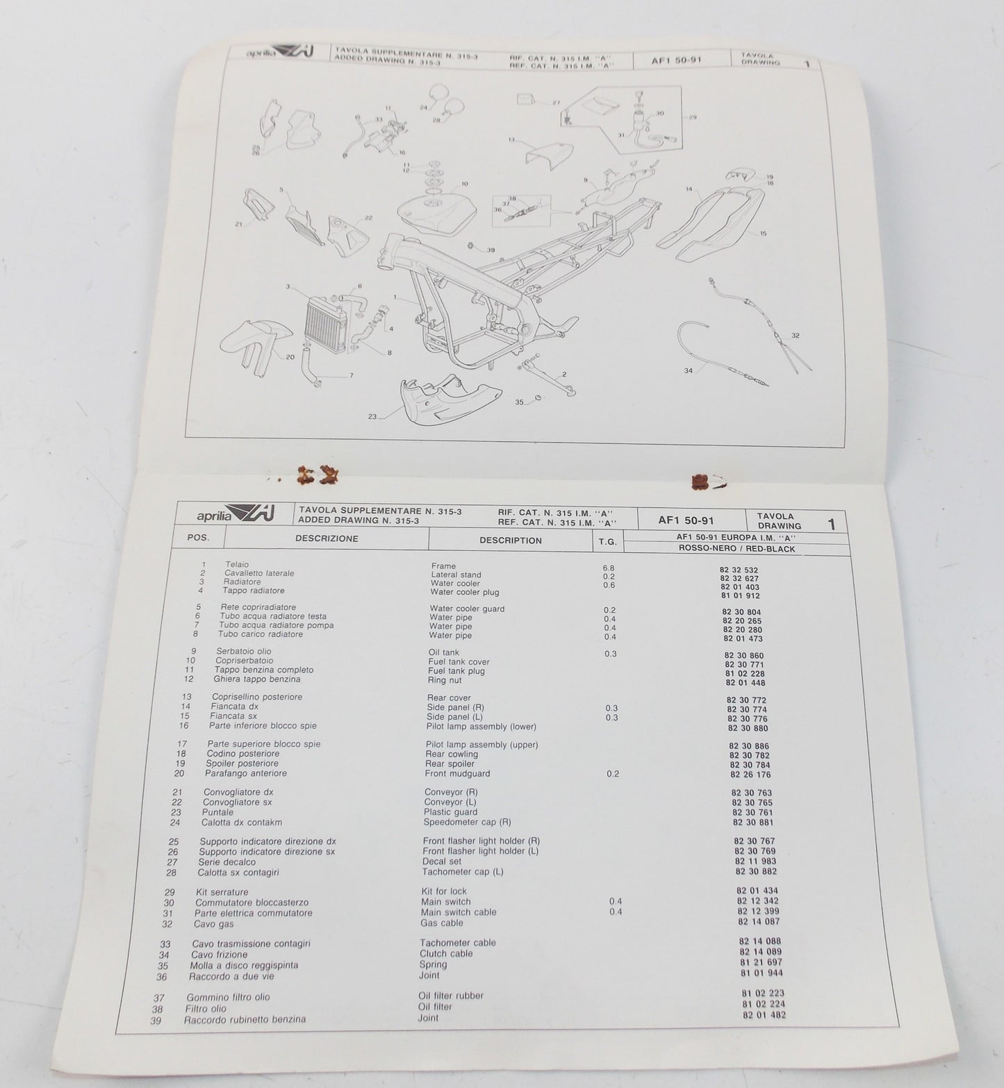1991 APRILIA AF1 50 EUROPA SPARE PARTS CATALOG SUPPLEMENT MANUAL BOOK 315-3 - MotoRaider