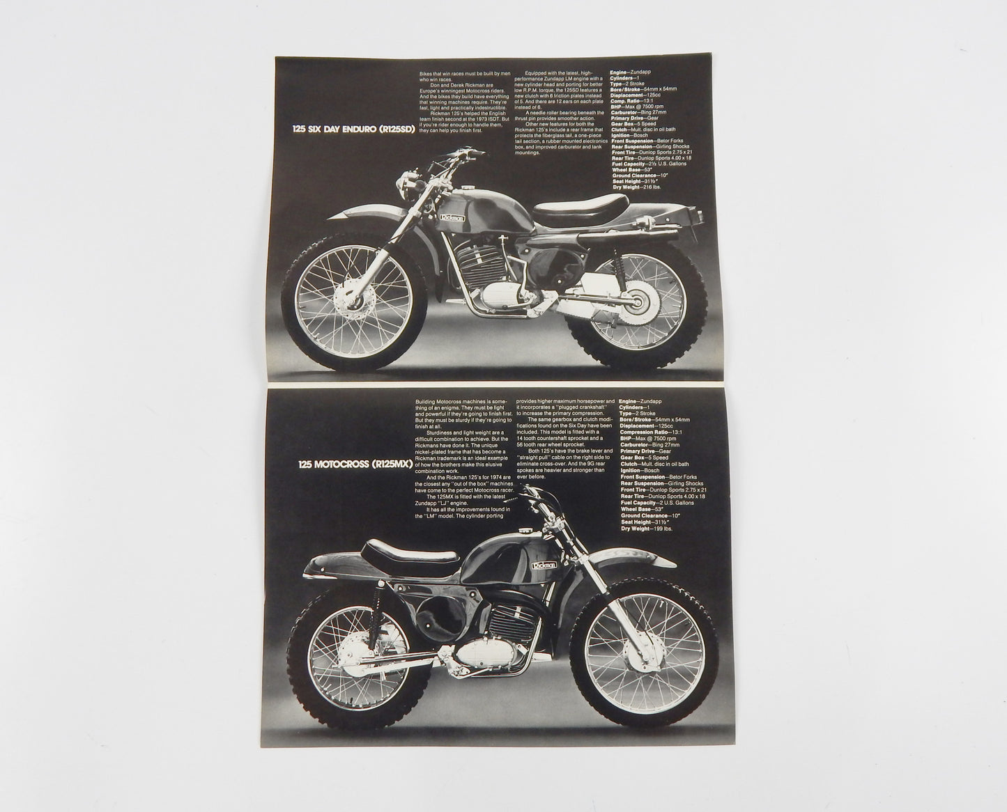 1974 RICKMAN 125 SIX DAYS ENDURO (RS125D) MOTOCROSS (R125MX) DEALER SPEC SHEET - MotoRaider