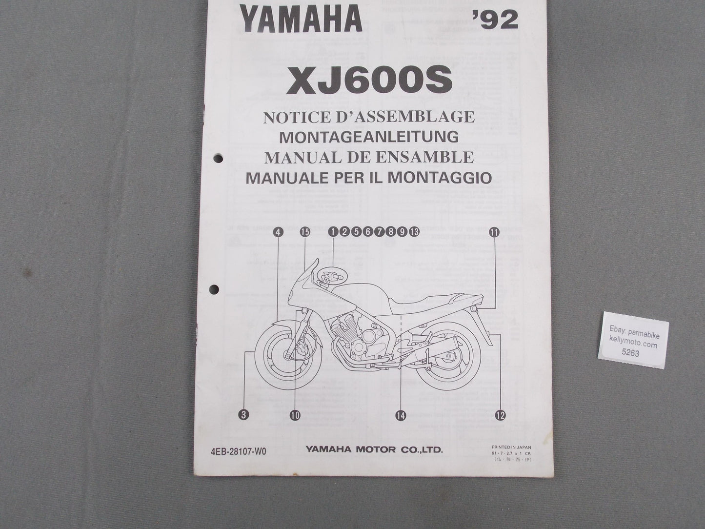 YAMAHA 1992 XJ600S ASSEMBLY MANUAL ITALIAN GERMAN FRENCH SPANISH 4EB-28107-W0 - MotoRaider