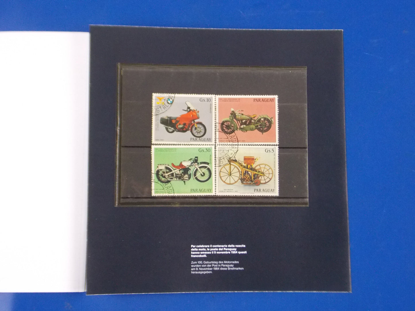 1990's BERLIN MOTORCYCLE BMW HISTORY BROCHURE + STAMP ITALIAN GERMAN 8.25x8.25" - MotoRaider
