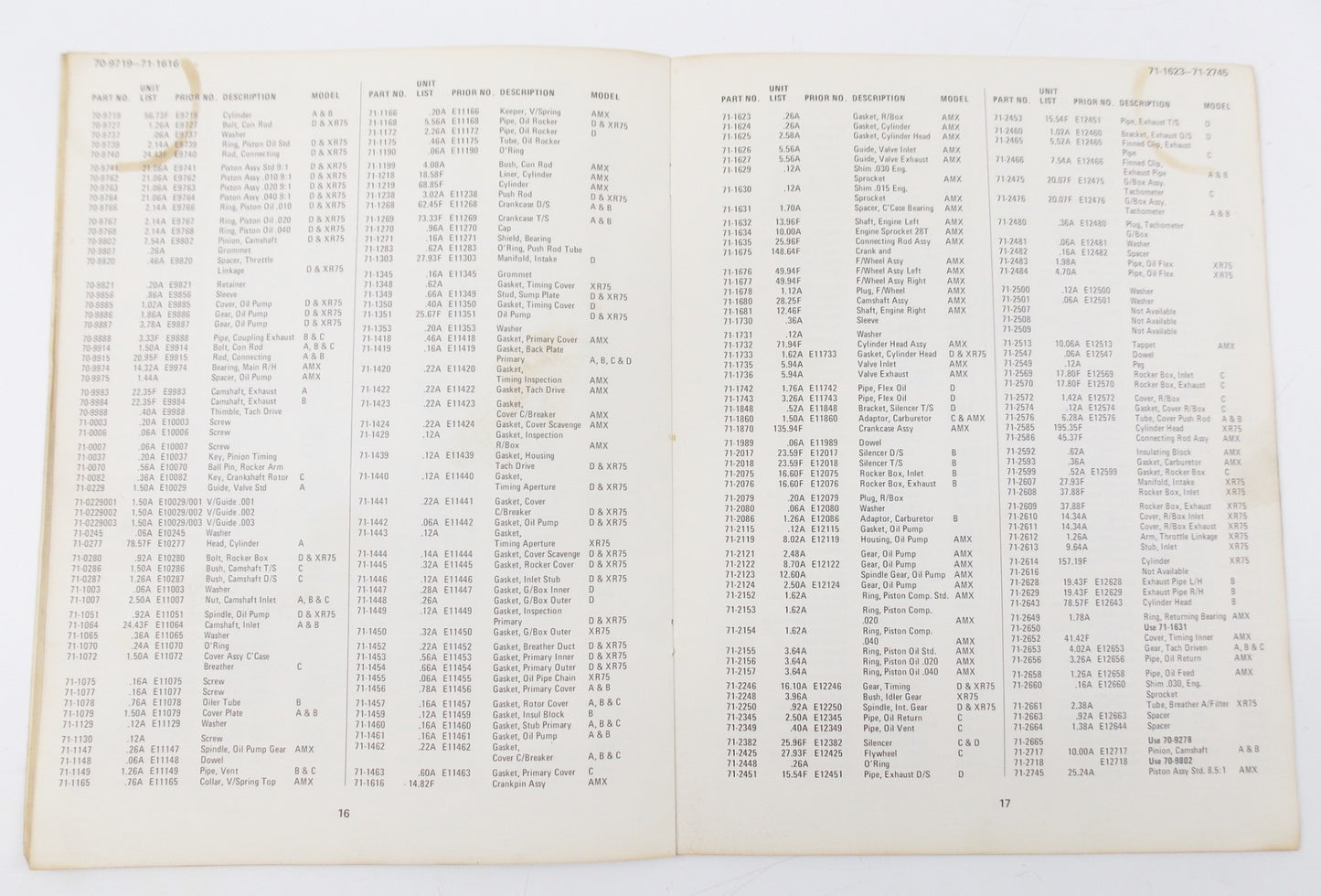 ORIGINALTRIUMPH ALL MODELS 1973-1974 SUGGESTED RETAIL PARTS PRICE LIST #  AA 108 - MotoRaider