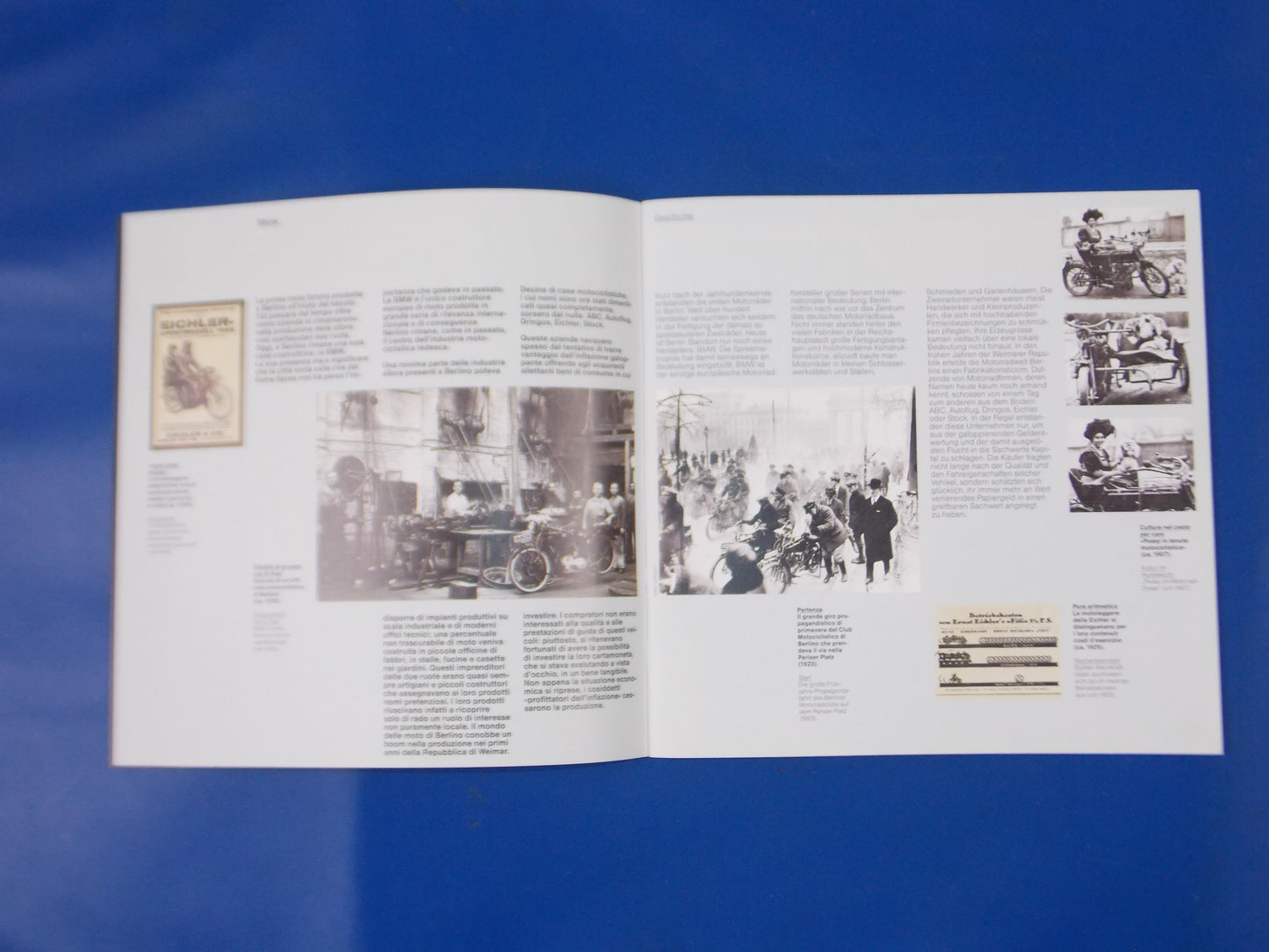 1990's BERLIN MOTORCYCLE BMW HISTORY BROCHURE + STAMP ITALIAN GERMAN 8.25x8.25" - MotoRaider