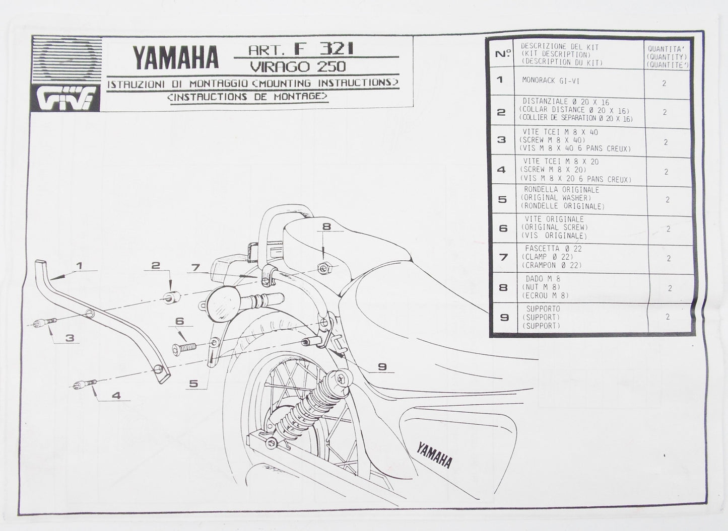 NOS GIVI YAMAHA XV 250 VIRAGO LUGGAGE CARRIER MONORACK MOUNT PLATE KIT ART F 321 - MotoRaider