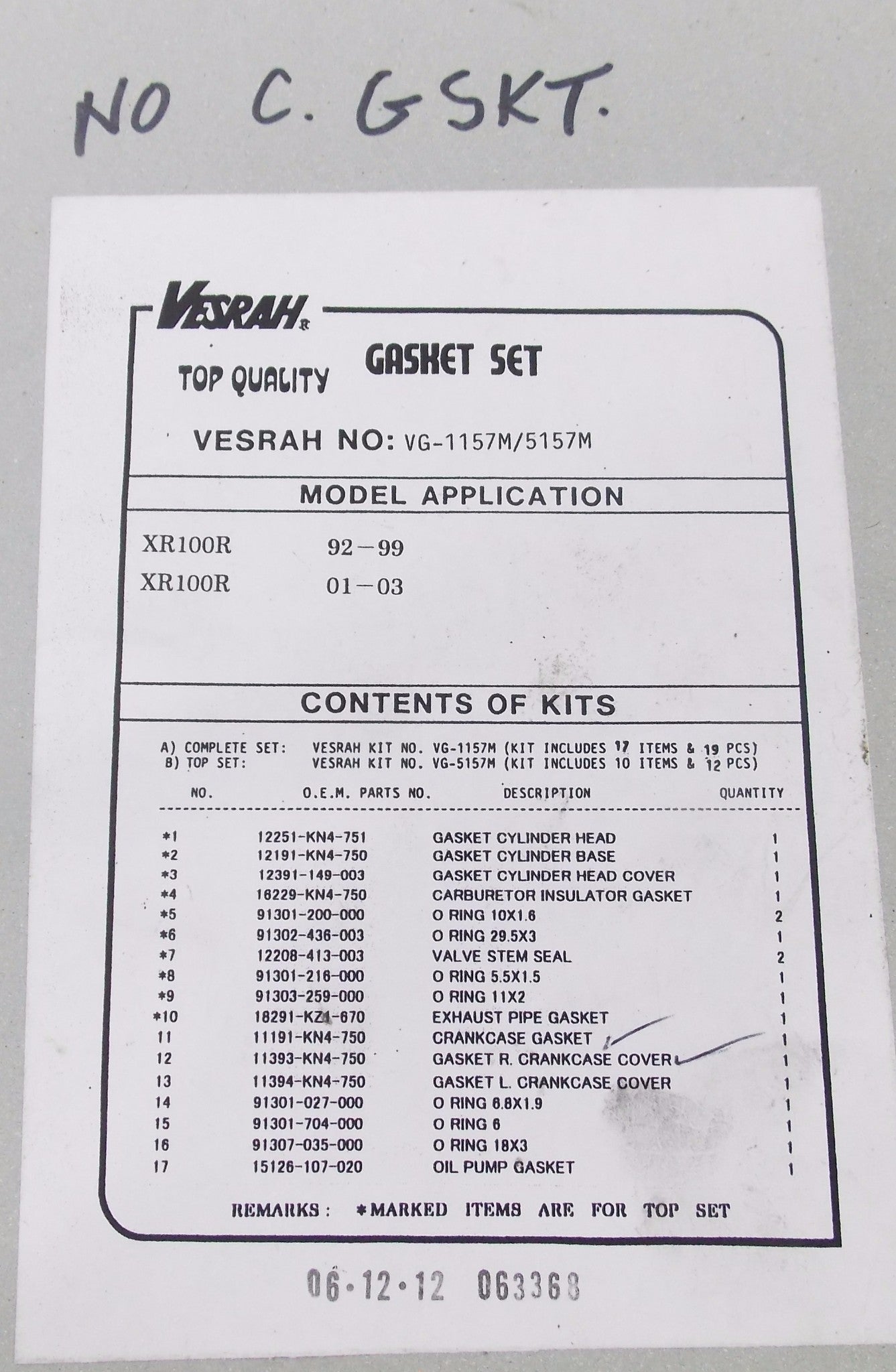 NOS VESRAH TOP END GASKET SEAL KIT HONDA 1992-1999 XR100R VG-1157M/5157M - MotoRaider