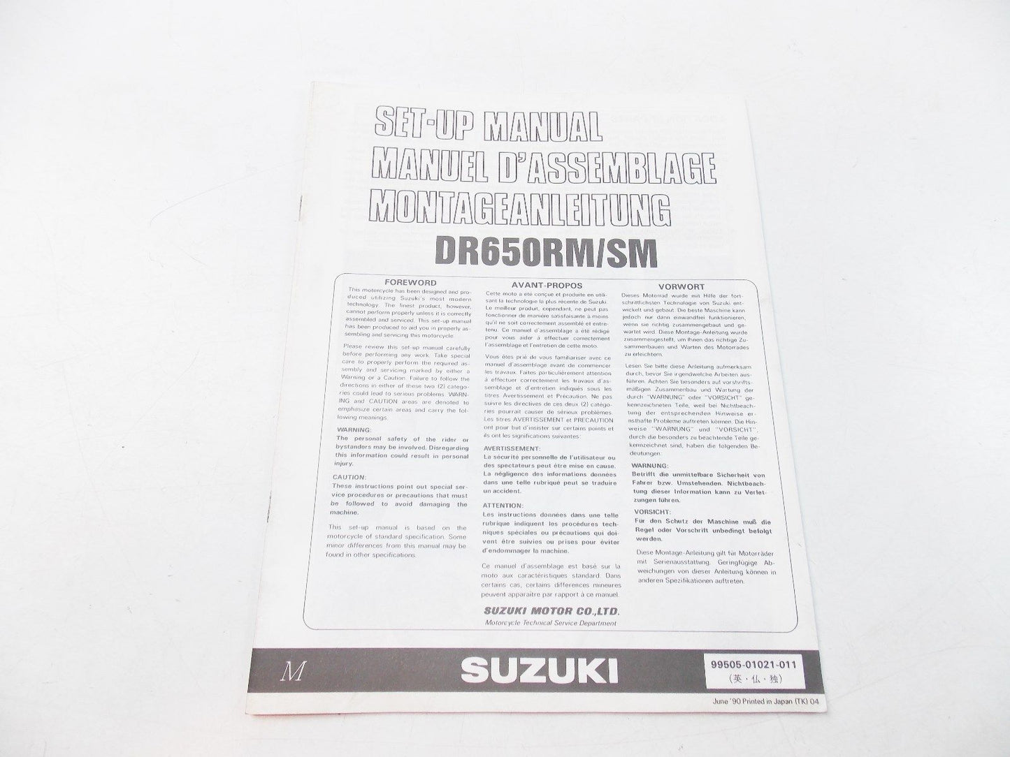 NEW SUZUKI 1990 SET-UP MANUAL DR650 ENGLISH FRENCH GERMAN 99505-01021-011 - MotoRaider