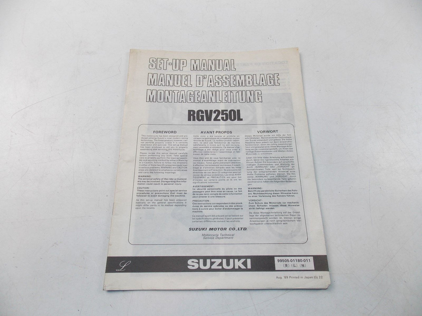 NEW SUZUKI 1989 SETUP MANUAL RGV250L ENGLISH FRENCH GERMAN 99505-01180-011 - MotoRaider