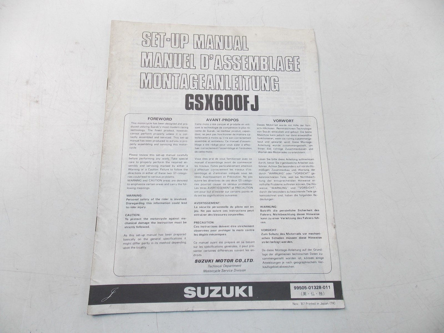 NEW SUZUKI 1987 SETUP MANUAL GSX600FJ ENGLISH FRENCH GERMAN 99505-01328-011 - MotoRaider
