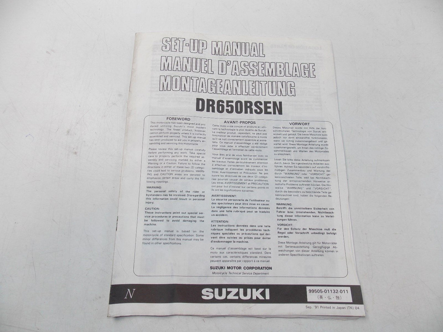 NEW SUZUKI 1991 SETUP MANUAL DR650RSEN ENGLISH FRENCH GERMAN 99505-01132-011 - MotoRaider