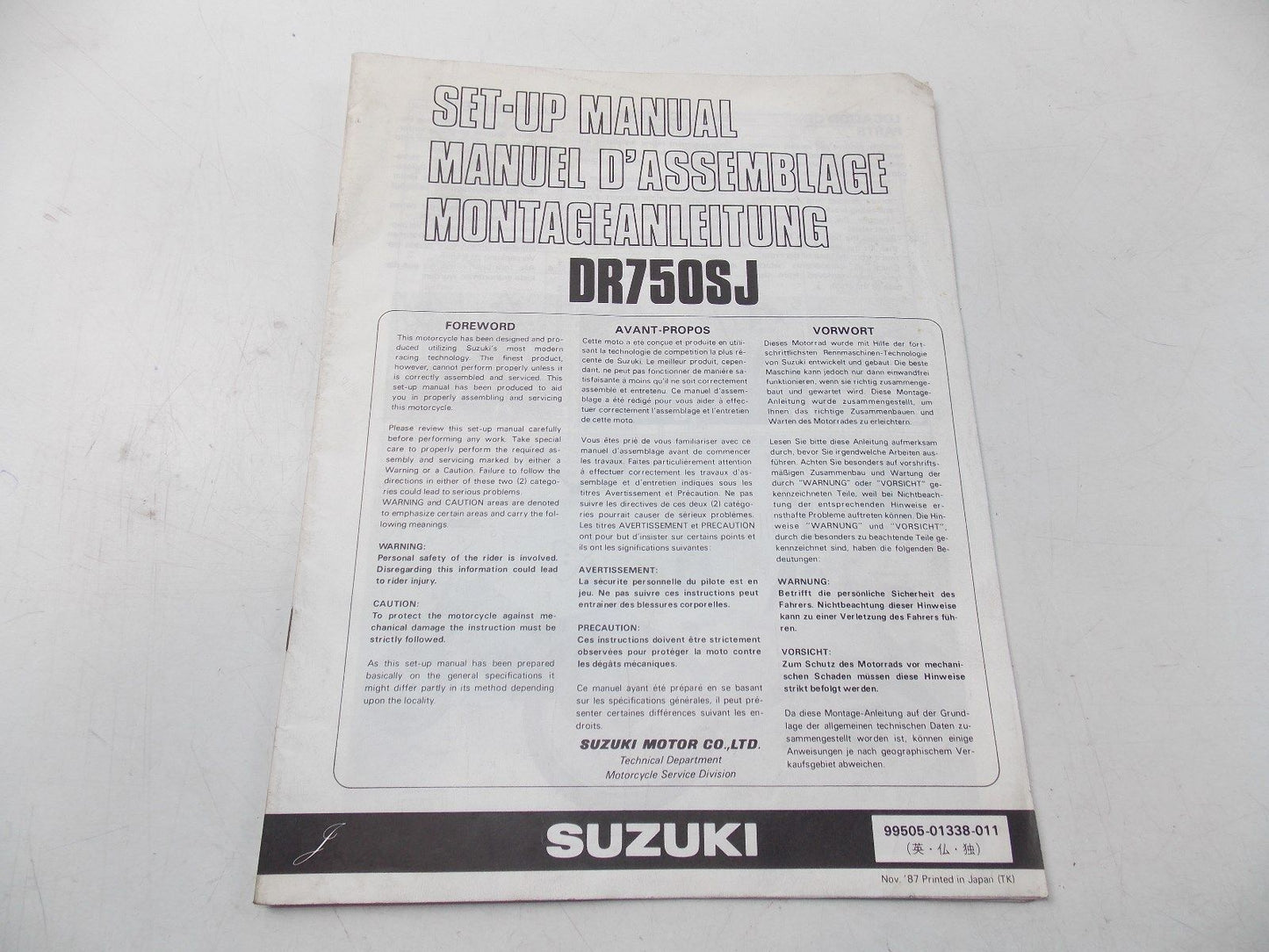 NEW SUZUKI 1987 SETUP MANUAL DR750SJ ENGLISH FRENCH GERMAN 99505-01338-011 - MotoRaider