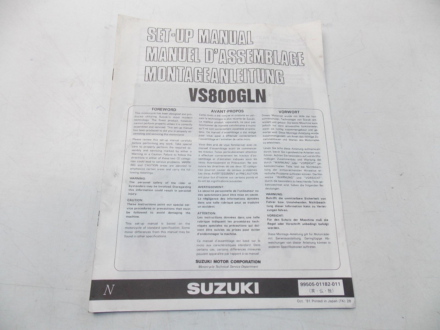NEW SUZUKI 1991 SETUP MANUAL VS800GLN ENGLISH FRENCH GERMAN 99505-01182-011 - MotoRaider