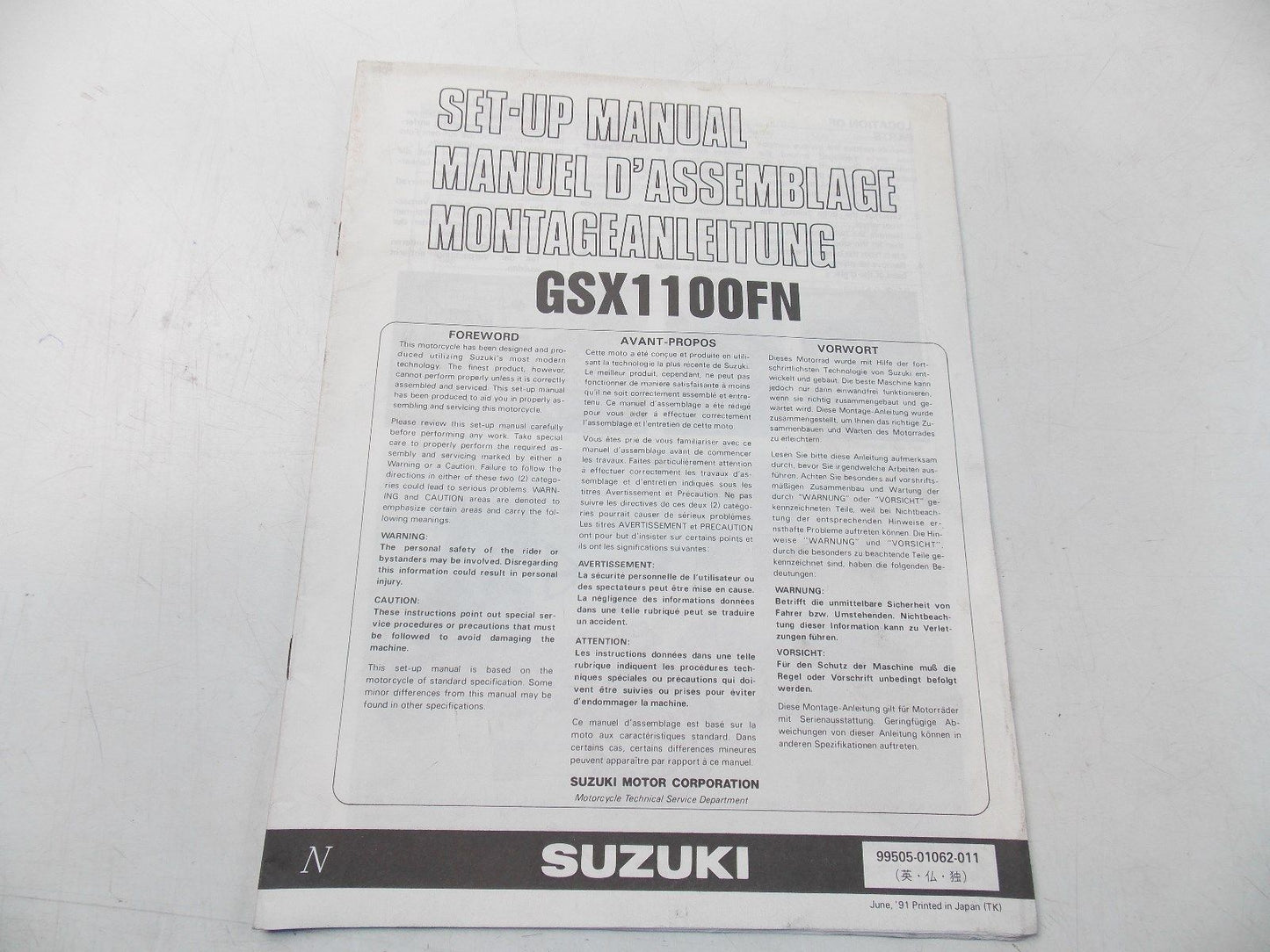 NEW SUZUKI 1991 SETUP MANUAL GSX1100FN ENGLISH FRENCH GERMAN 99505-01062-011 - MotoRaider