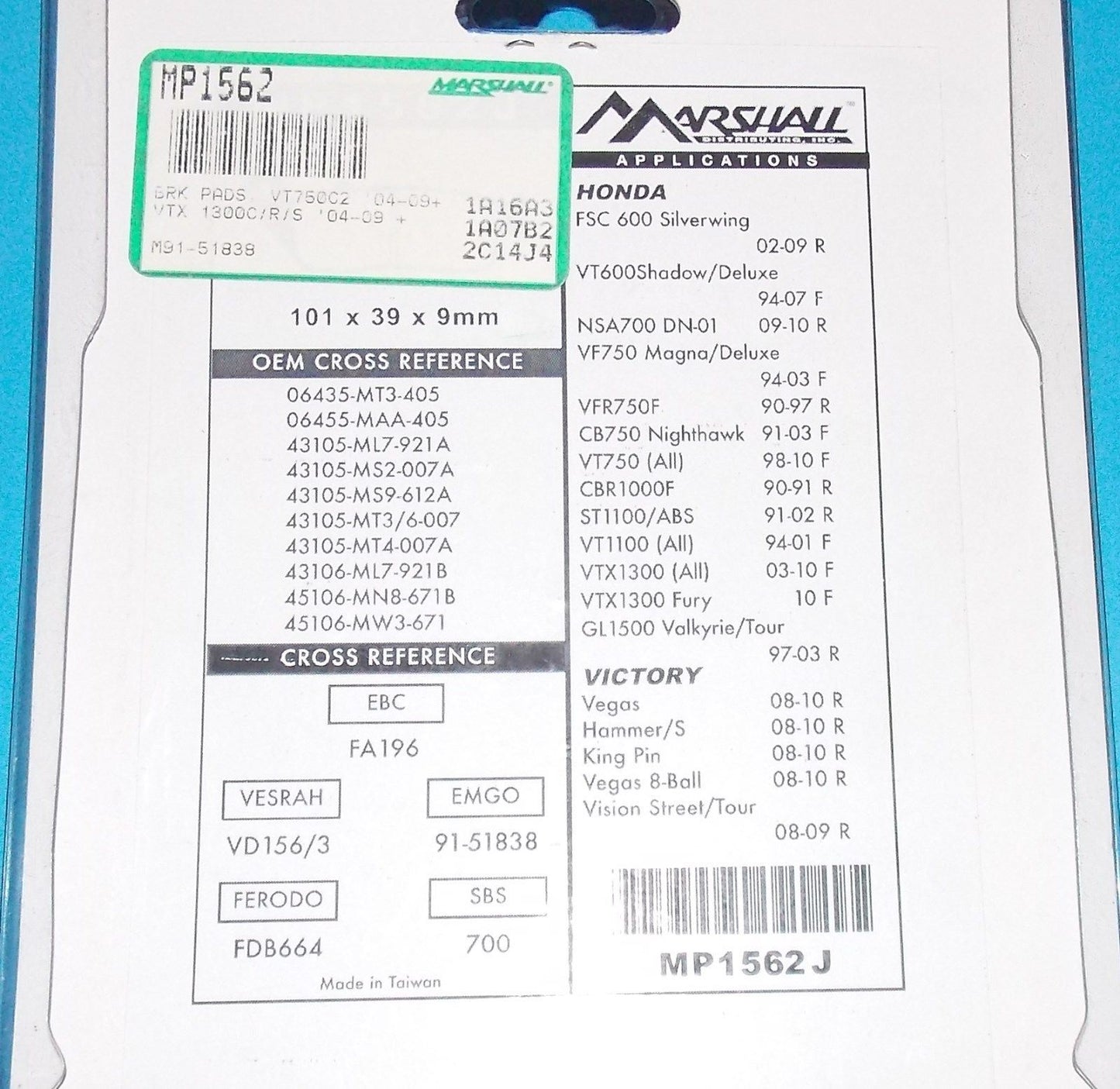 NOS MARSHALL BRAKE PADS MP414 FITS KAWASAKI 1979-1982 KZ440/550/650/750/1000 - MotoRaider