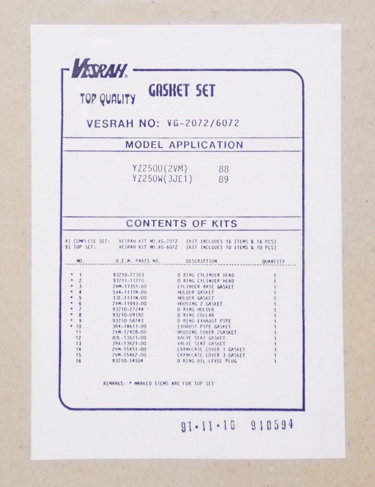 NOS OEM 1988 1989 VESRAH GASKET COMPLETE SET YAMAHA YZ250 VG-2072/6072 GK734 - MotoRaider