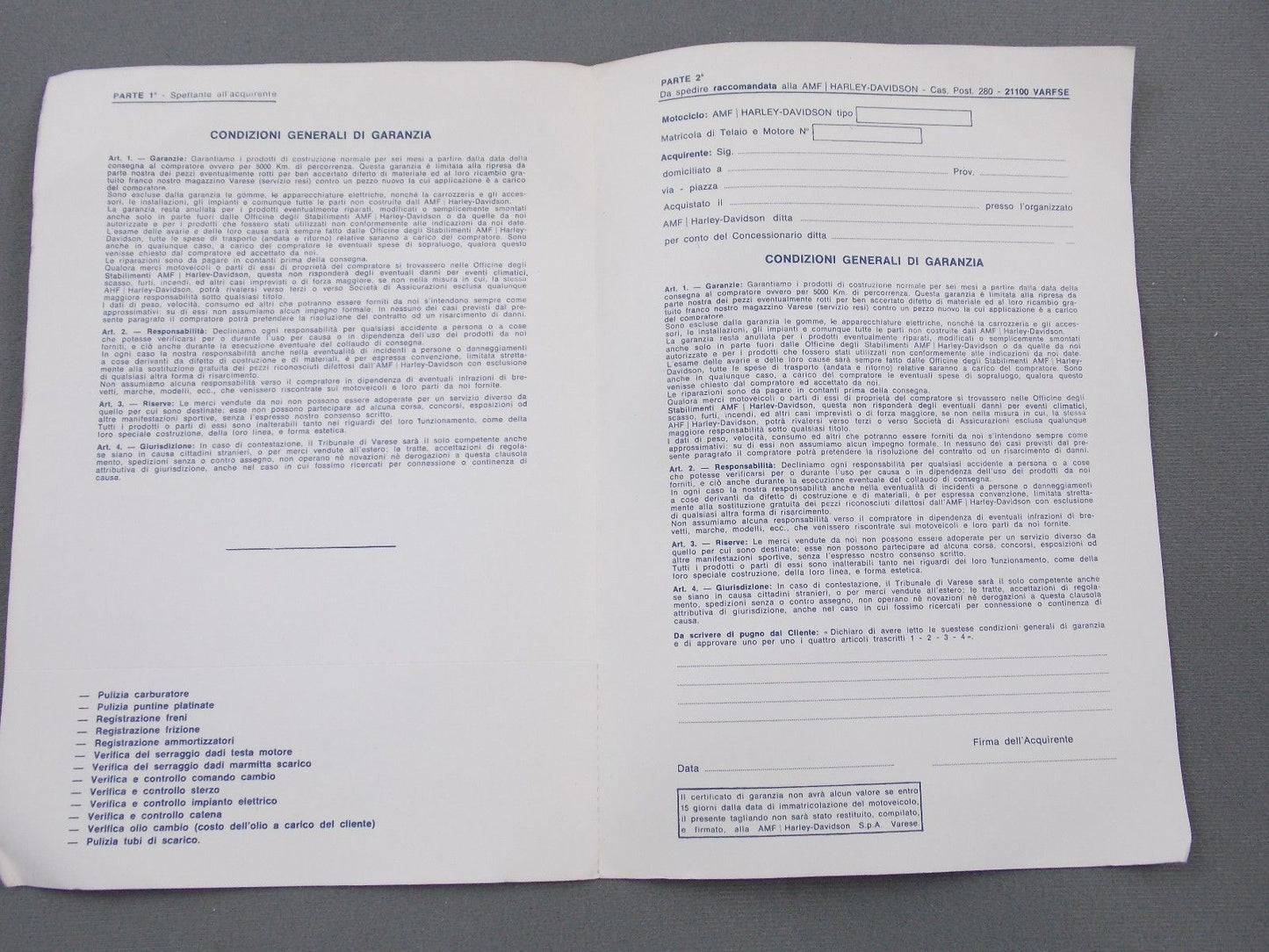 1970's HARLEY DAVIDSON AMF WARRANTY CERTIFICATE ITALIAN - MotoRaider