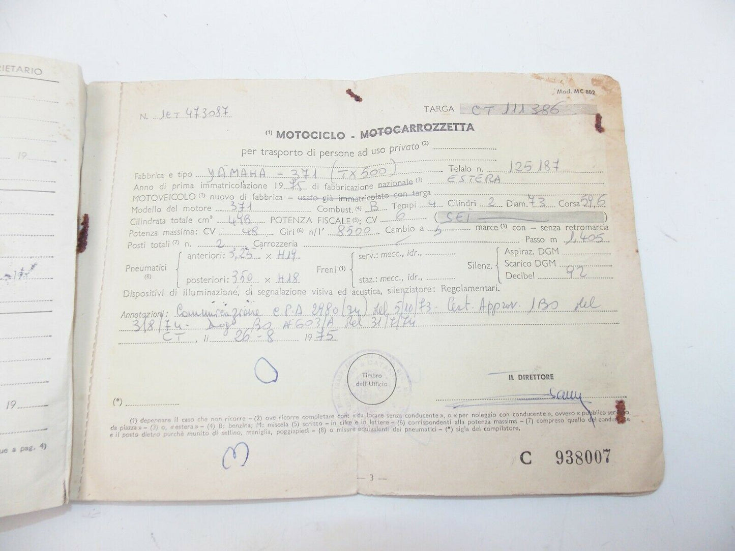 1975 YAMAHA 371 TX500 OWNERSHIP BOOK ORIGINAL ITALIAN DOCUMENTS - MotoRaider