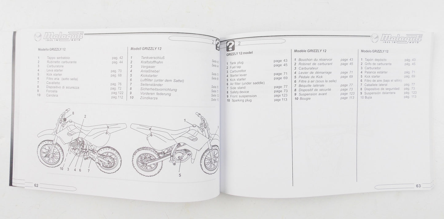 GRIZZLY MALAGUTI USER MANUAL OWNER BOOK ITALIAN GERMAN ENGLISH FRENCH SPANISH - MotoRaider