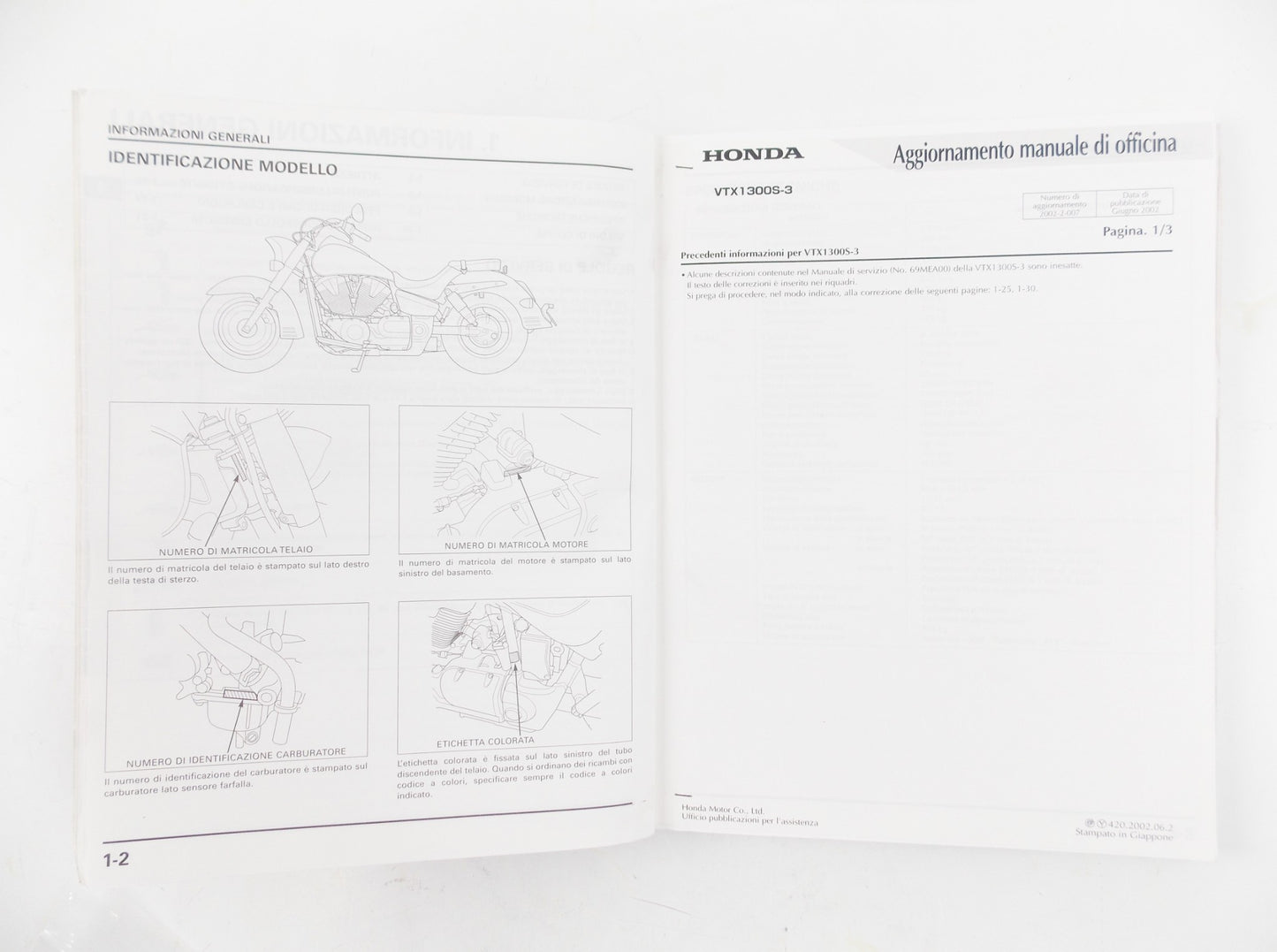 HONDA VTX1300S3 WORKSHOP MANUAL REPAIR MECHANICAL SERVICE BOOK ITALIAN - MotoRaider