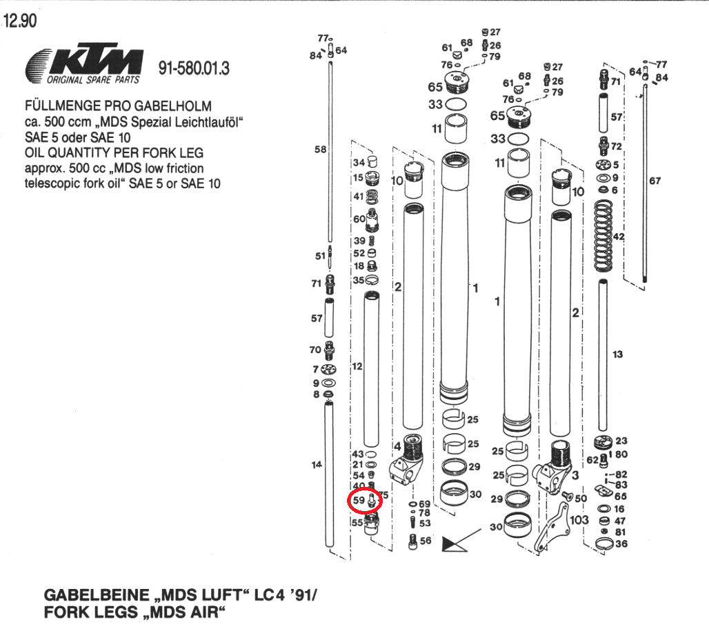 OEM KTM 500/600 LC4 '90-'91 MX/D-XC/E-XC FRONT FORK PRESSURE BEARER 58001559000 - MotoRaider