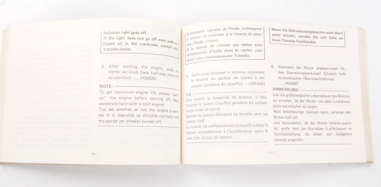 YAMAHA XS250/400 OWNER'S MANUAL CATALOG BOOK ENGLISH FRENCH GERMAN 2J0-28199-80 - MotoRaider