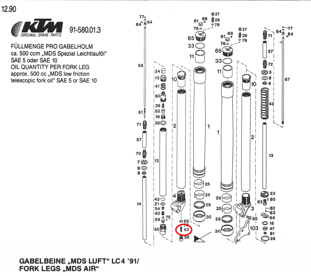 OEM KTM 500/600 LC4 '90 MX/D-XC/E-XC FRONT FORK LH SQUARE REGULATION 58001553000 - MotoRaider