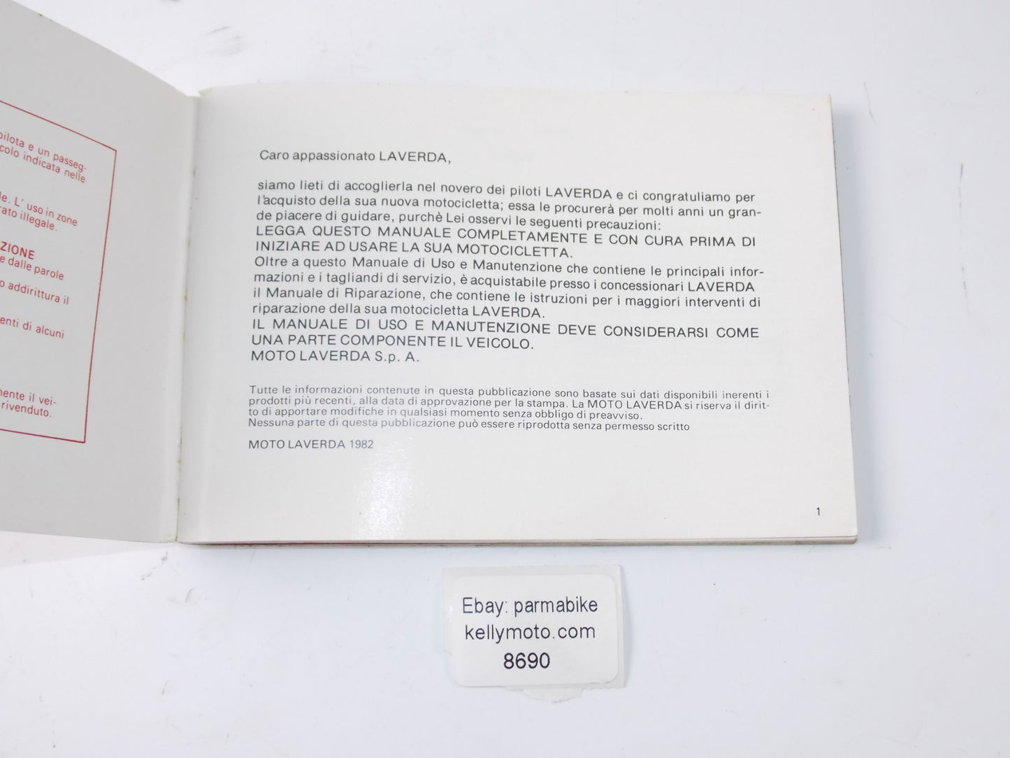 1982 LAVERDA 1000 RGS "SCHEDULED WARRANTY AND MAINTENANCE" MANUAL BOOK ITALIAN - MotoRaider