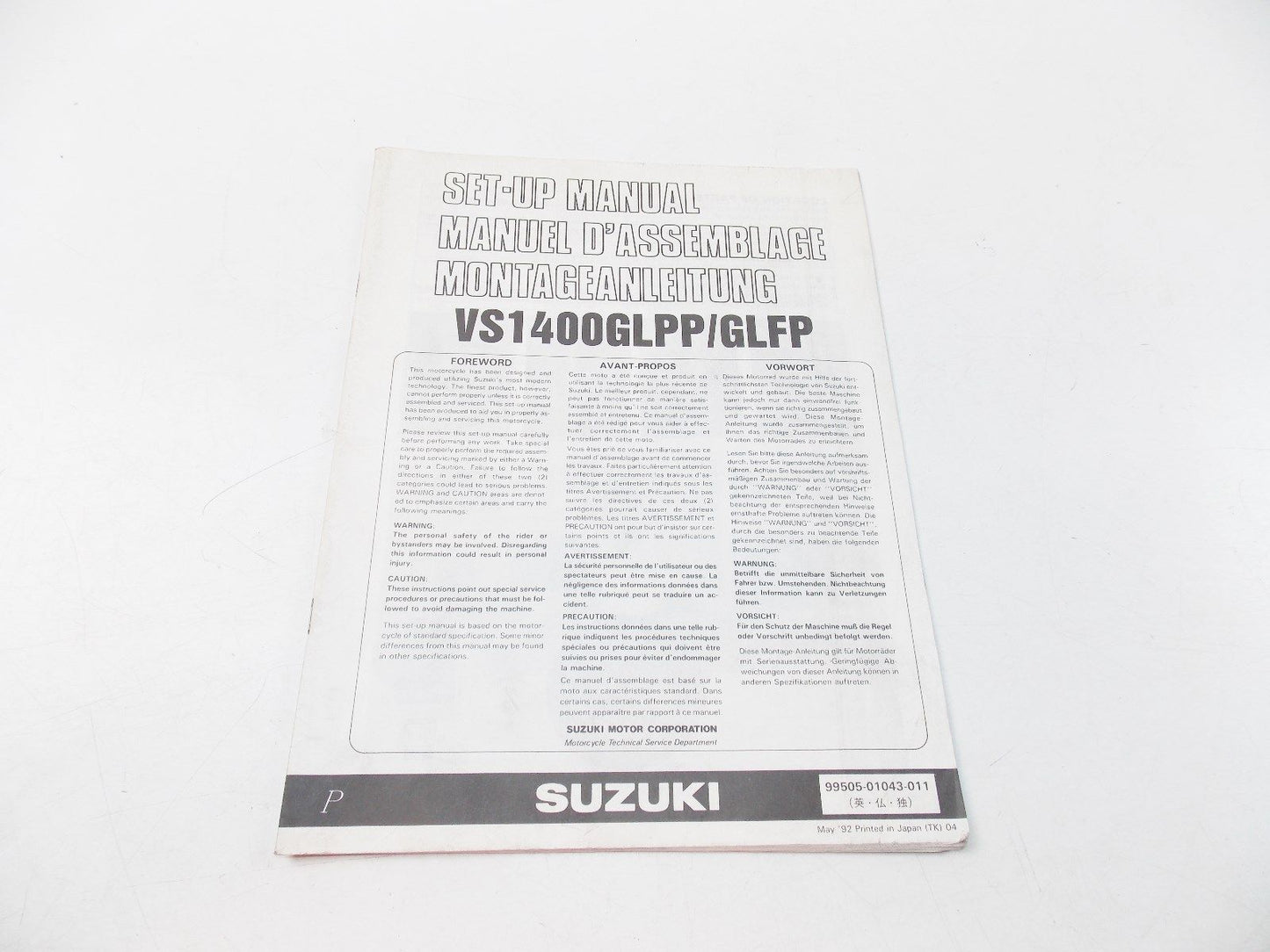 NEW SUZUKI 1992 SET-UP MANUAL VS1400 ENGLISH FRENCH GERMAN 99505-01043-011 - MotoRaider