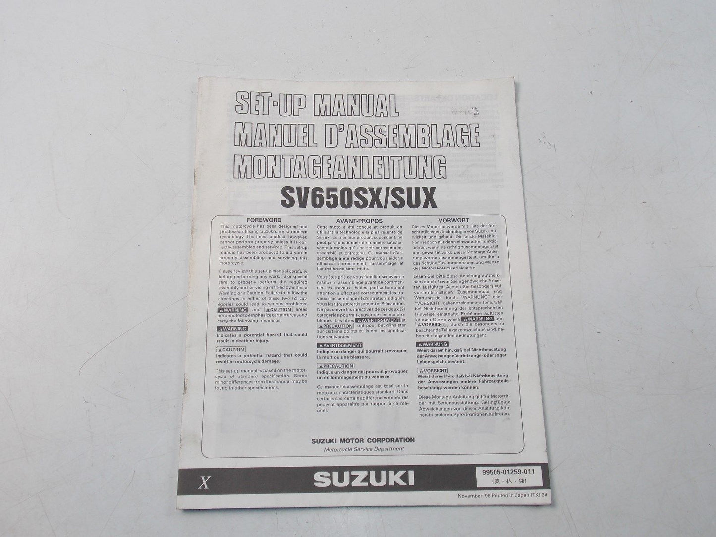 NEW SUZUKI SETUP MANUAL SV650SX/SUX ENGLISH FRENCH GERMAN 99505-01259-011 - MotoRaider