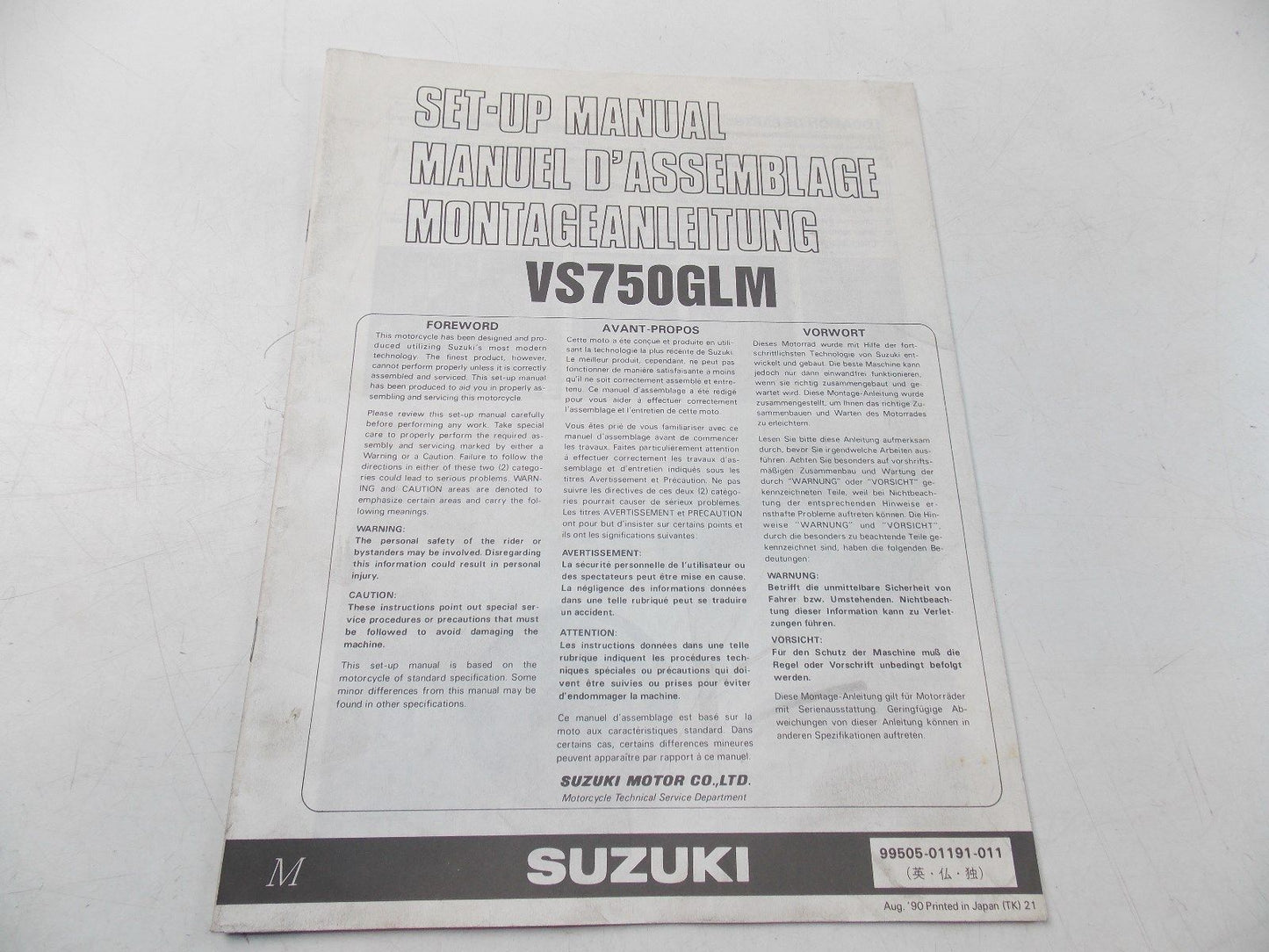 NEW SUZUKI 1990 SETUP MANUAL VS750GLM ENGLISH FRENCH GERMAN 99505-01191-011 - MotoRaider