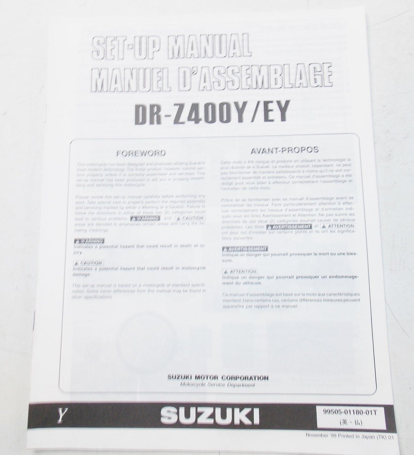 USED SUZUKI 1999 SET-UP MANUAL DR-Z400Y/EY 99505-01180-01T - MotoRaider