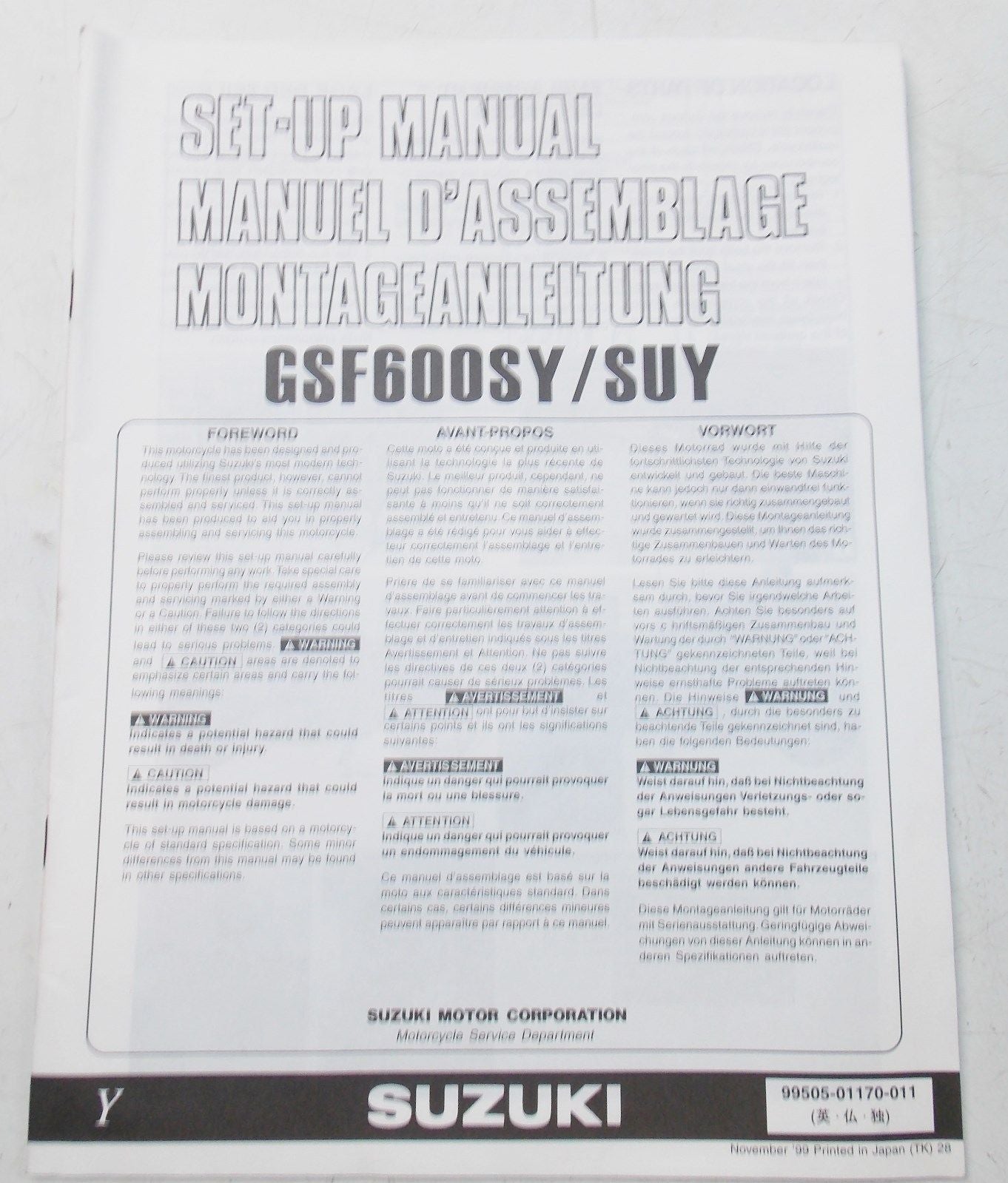 USED SUZUKI 1999 SET UP MANUAL GSF600SY/SUY 99505-01170-011 - MotoRaider