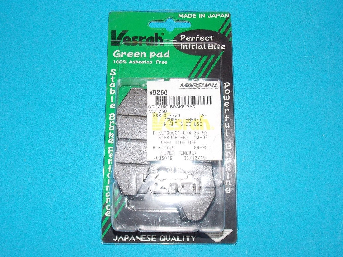 NOS VESRAH VD 250 BRAKE PAD FITS KAWASAKI 1989-2002 XTZ750 KLF300/400 - MotoRaider