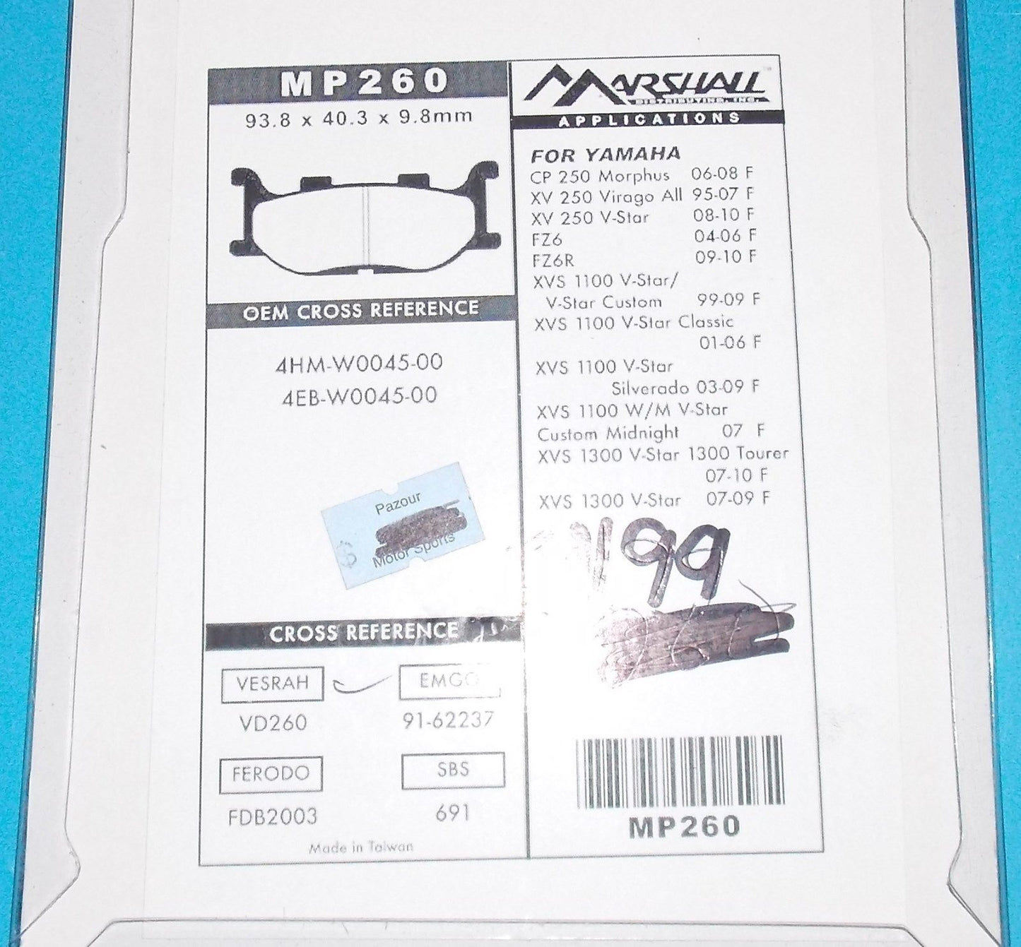 NOS MARSHALL BRAKE PADS MP163 FITS HONDA KAWASAKI SUZUKI YAMAHA - MotoRaider