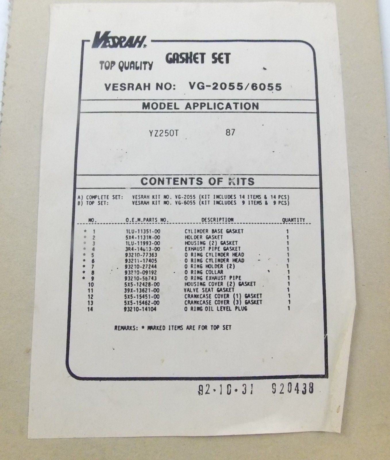 NOS OEM 1987 VESRAH COMPLETE GASKET SET YAMAHA YZ250 VG-2055/6055 16-3718 - MotoRaider