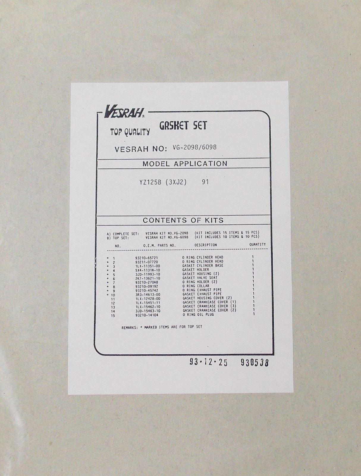 NOS OEM 1991 VESRAH GASKET COMPLETE SET YAMAHA YZ125 VG2098/6098  GK1034 - MotoRaider