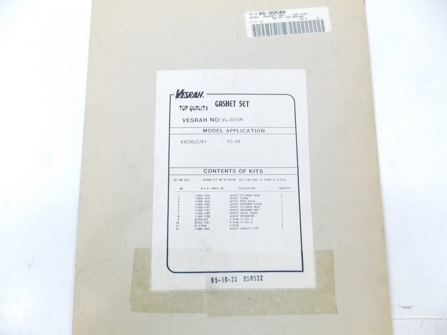 NOS 1993 1994 VESRAG TOP END GASKET KIT VG-8054M FOR KAWASAKI KX250 - MotoRaider