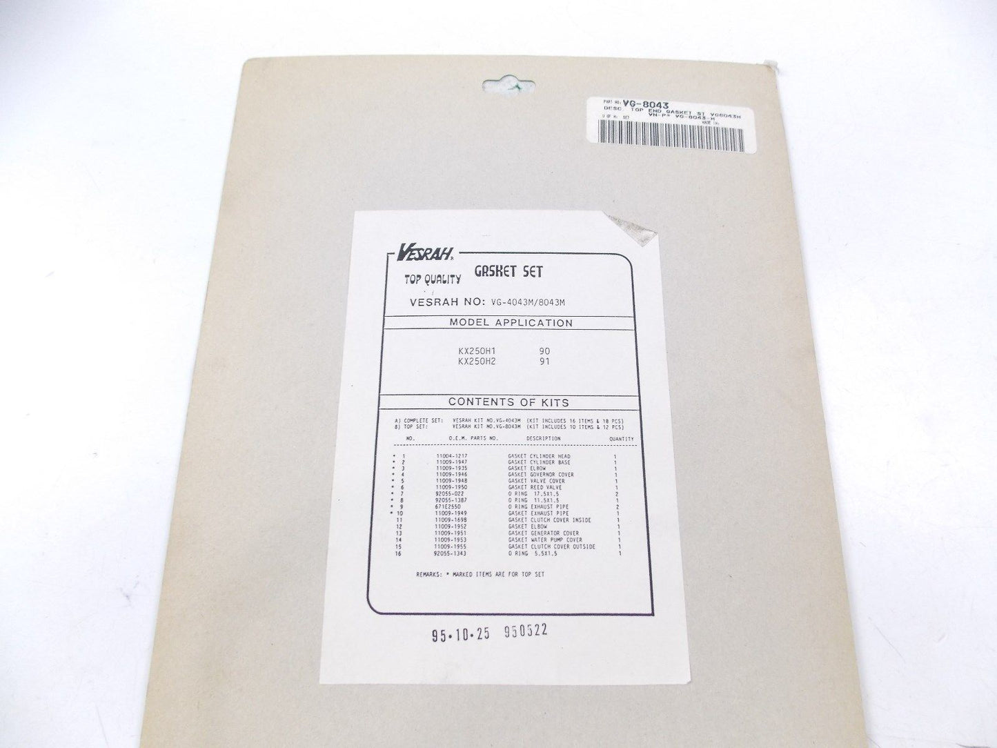 NOS 1990 1991 VESRAH TOP END GASKET KIT VG-4043M/8043M FOR KAWASAKI KX250 - MotoRaider