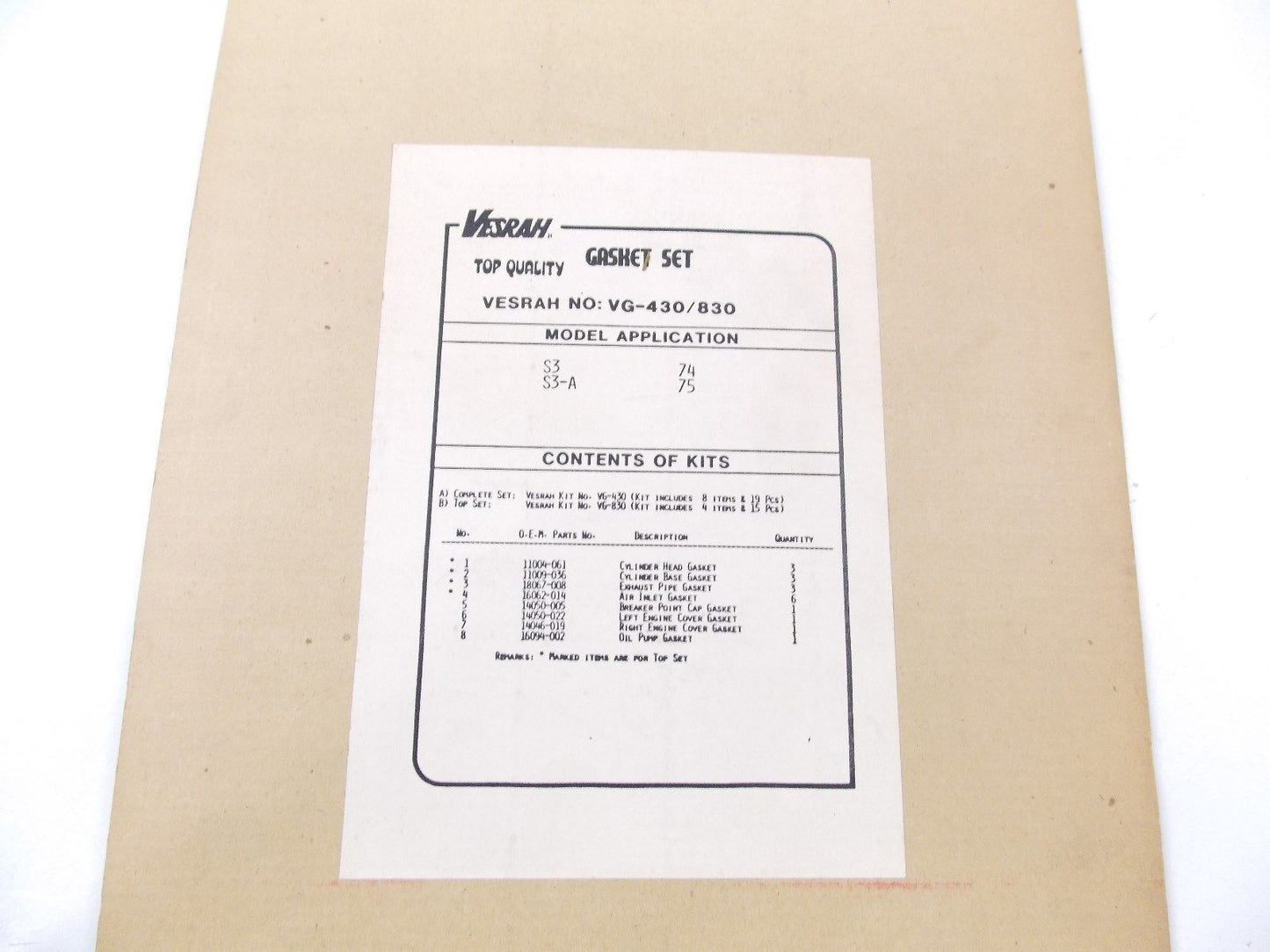 NOS 1974 1975 VESRAH GASKET KIT VG-340/830 FOR KAWASAKI - MotoRaider