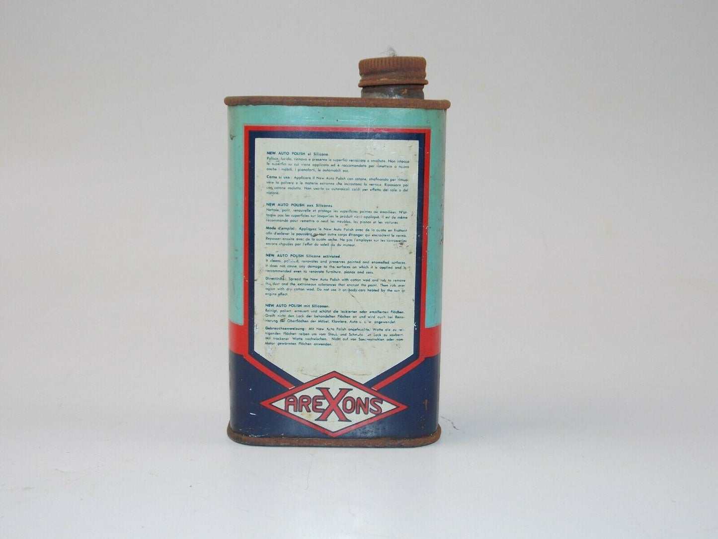 1960's AREXONS SILICONE AUTO POLISH CAN TIN ITALIAN FERRARI LANCIA ALFA MASERATI - MotoRaider