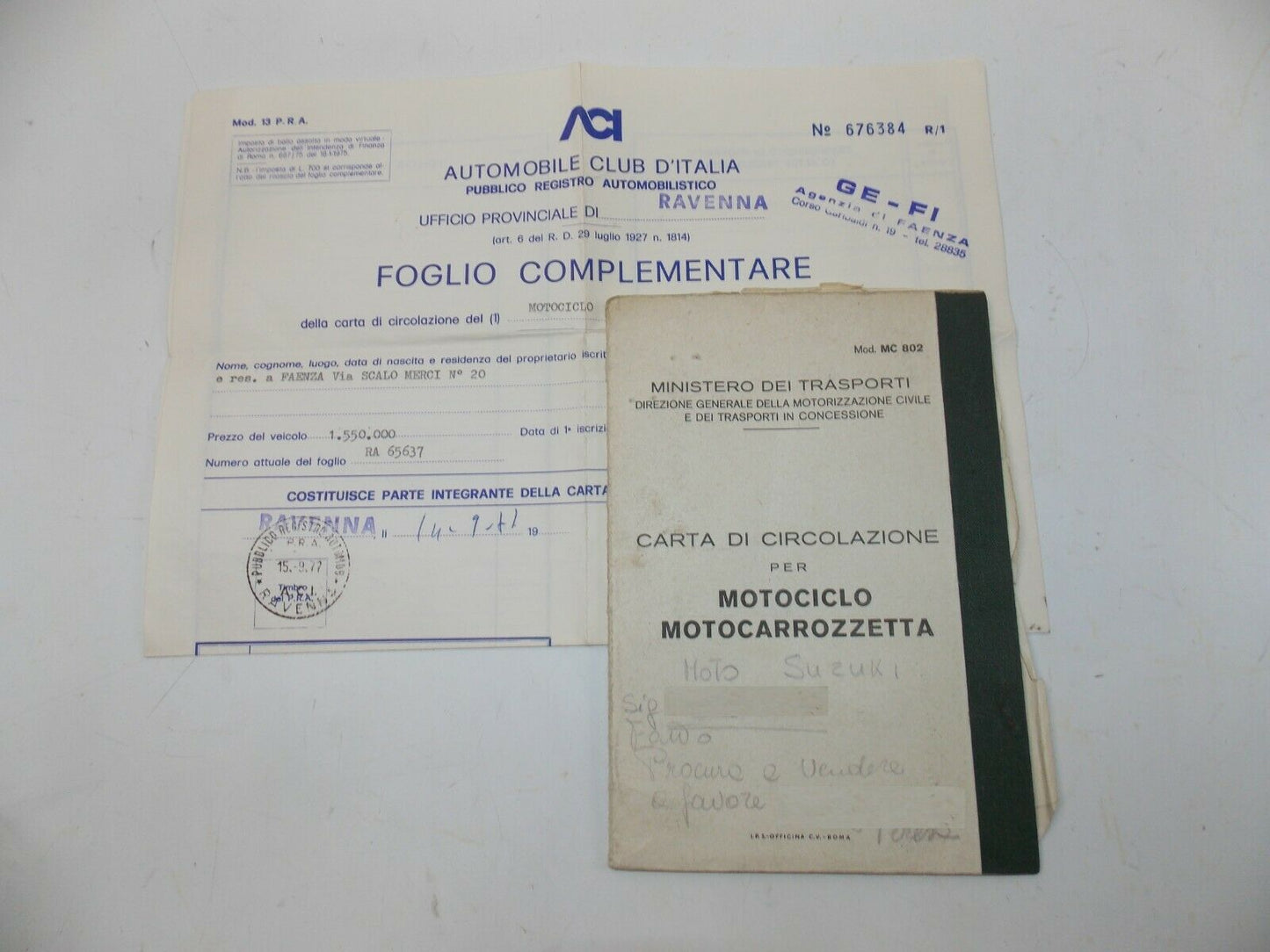 1977 SUZUKI GS400 OWNER CERTIFICATE BOOK MOTORCYCLE ORIGINAL ITALIAN DOCUMENT - MotoRaider