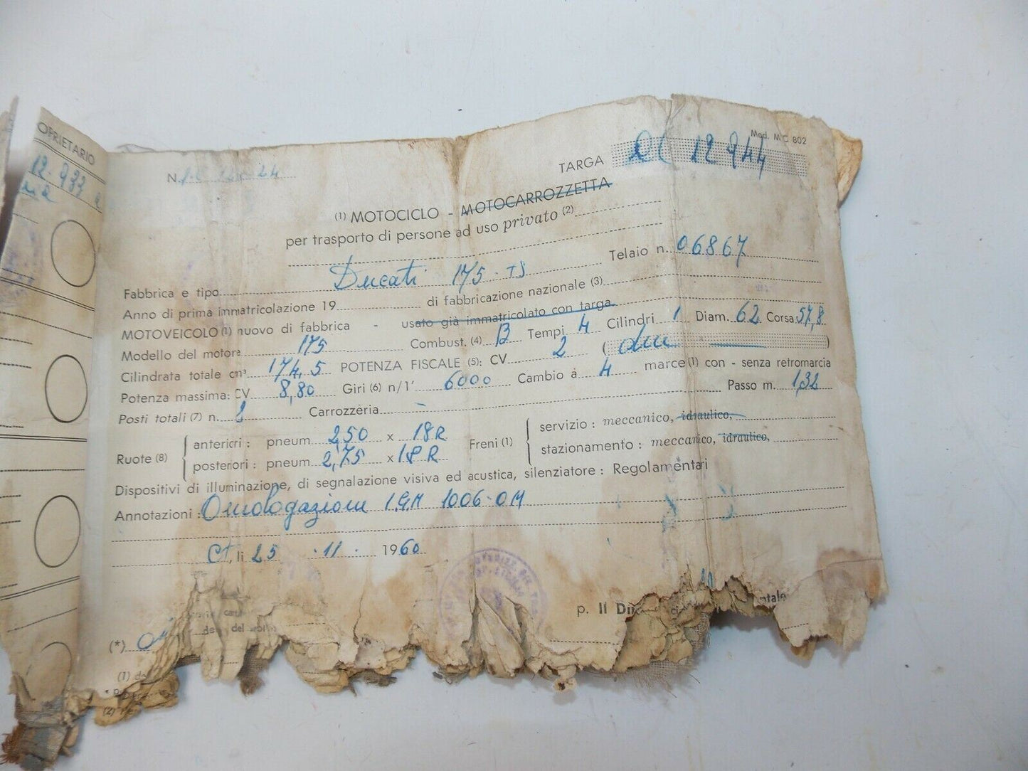 1960 DUCATI 175-TS OWNER CERTIFICATE BOOK MOTORCYCLE ORIGINAL ITALIAN DOCUMENT - MotoRaider