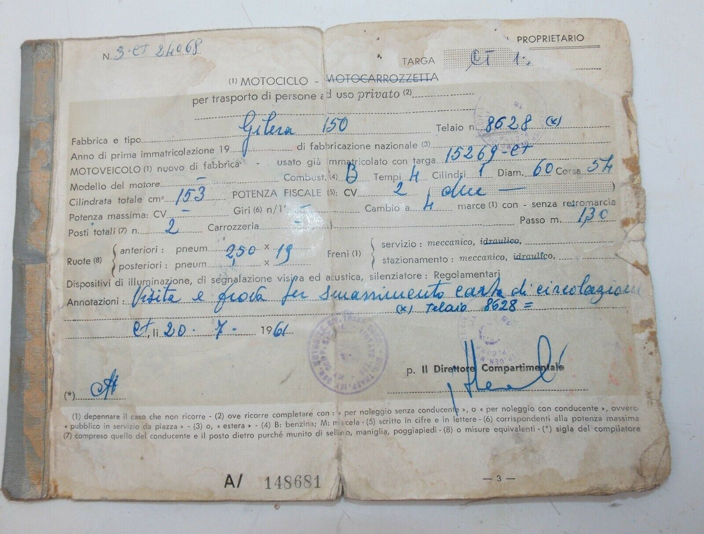 1961 GILERA 150 OWNER CERTIFICATE BOOKLET MOTORCYCLE ORIGINAL ITALIAN DOCUMENT - MotoRaider